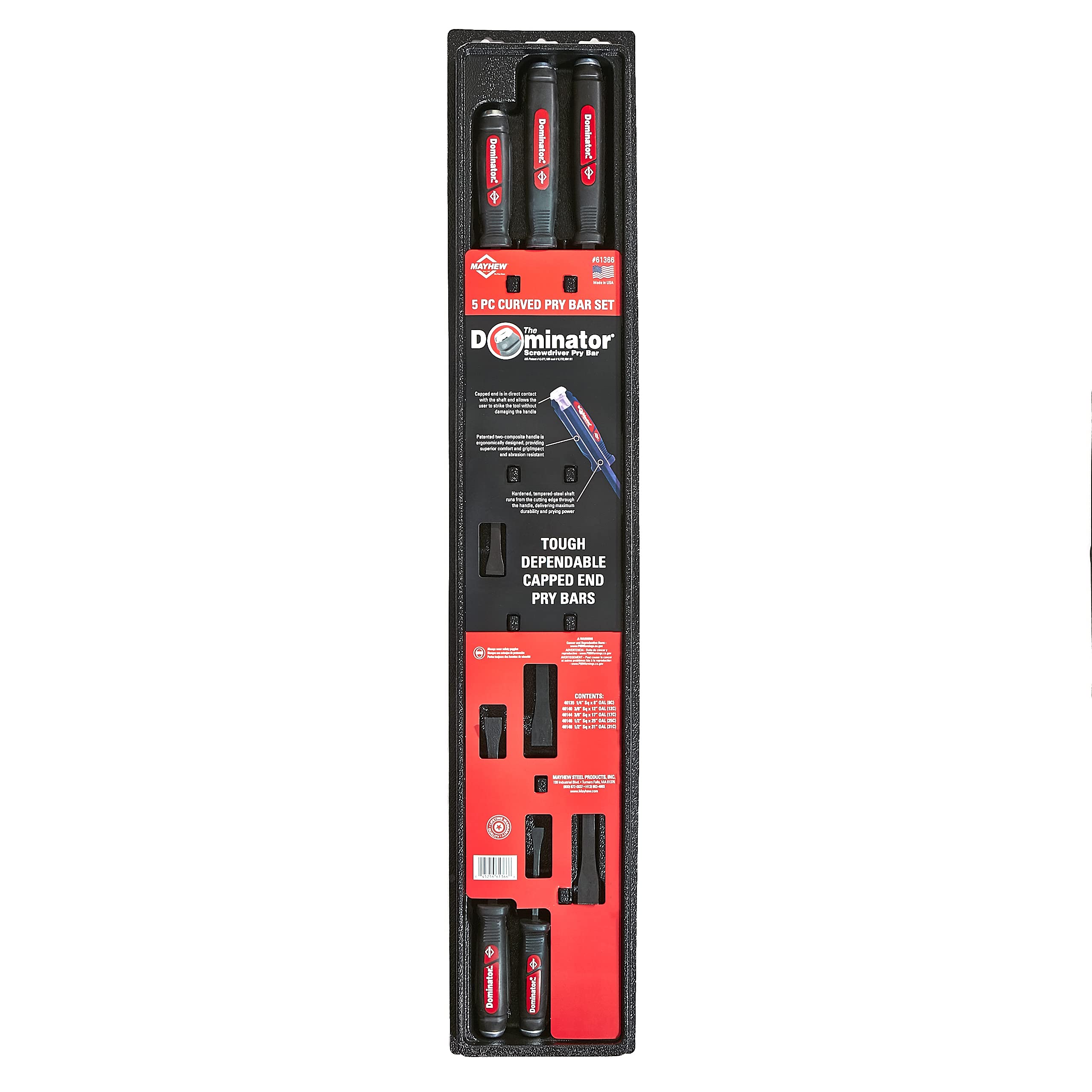 Mayhew Tools 61366 Dominator 5-Piece Curved Pry Bar Set with Black Oxide Finish - Heavy Duty Demolition & Construction Tool Kit for Professionals