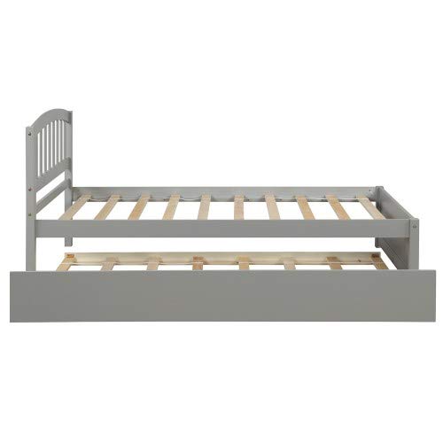 **Gray Platform Twin Bed Frame with Trundle & Headboard - Underbed Storage Wooden Bed - Perfect for Kids' Rooms, Guest Beds & Small Spaces**