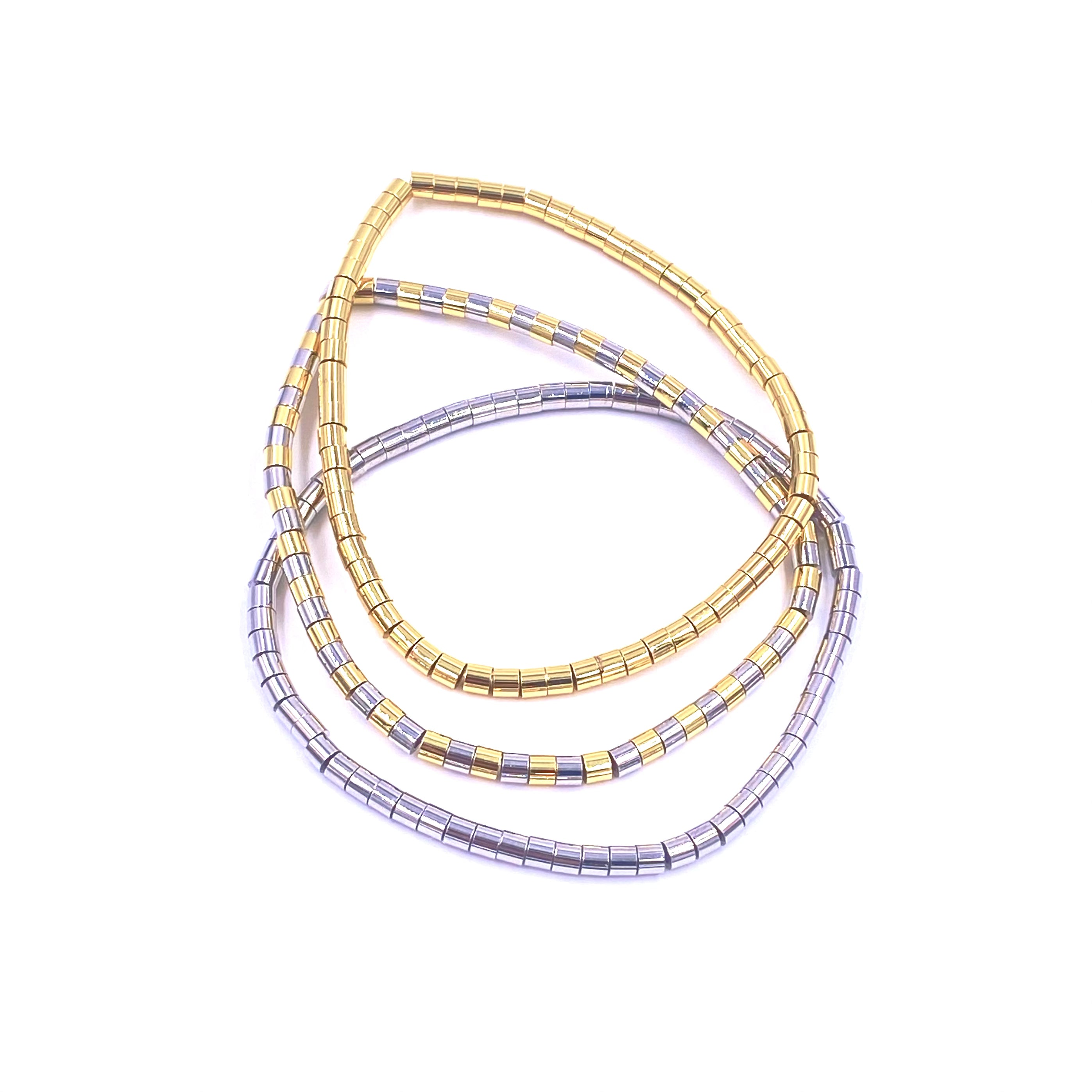 Ashley Gold Stainless Steel Gold Plated Cylinder Beaded Stretch Bracelet for Women - Elegant Fashion Jewelry for Parties, Weddings & Everyday Wear