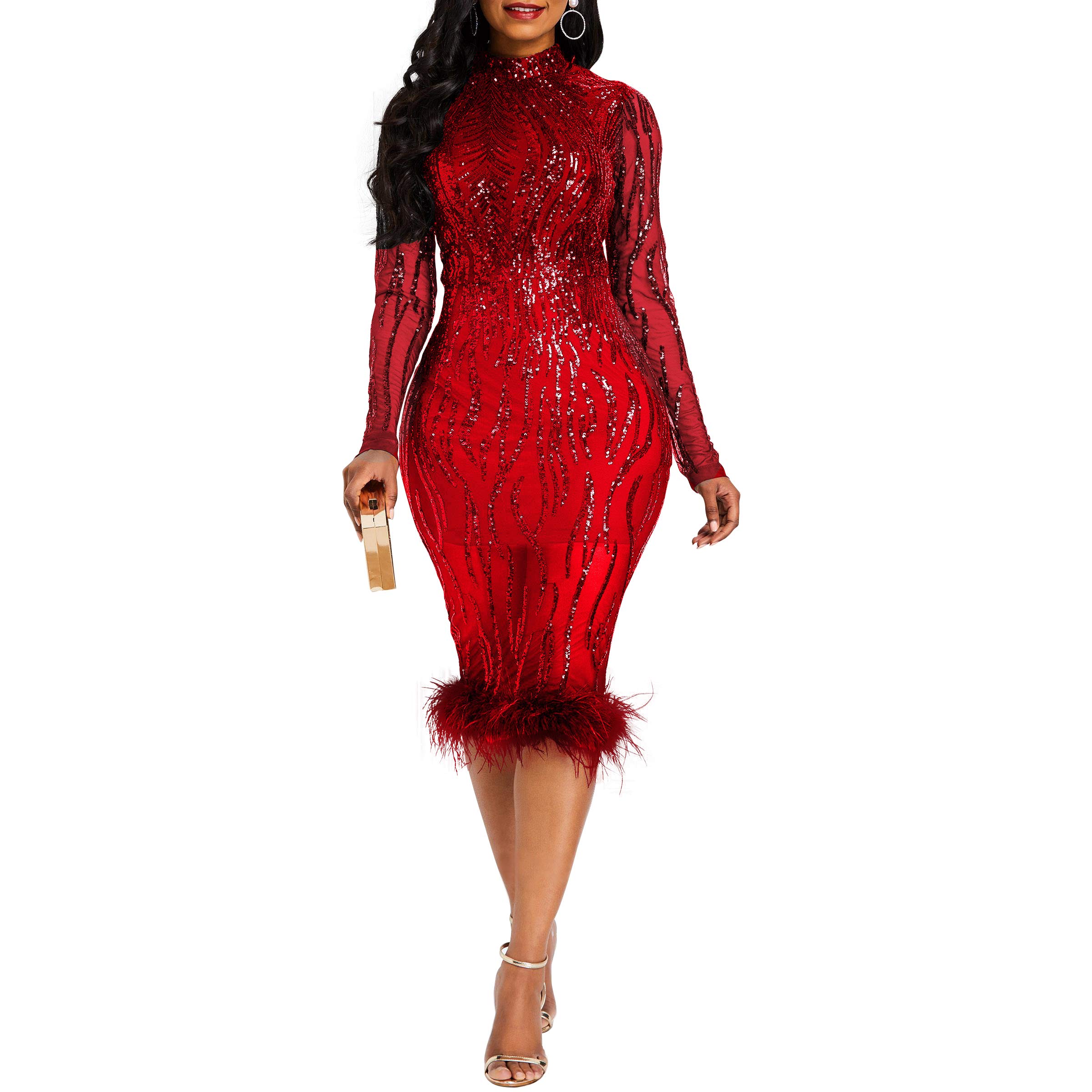 VERWIN Women's Sequins Patchwork Bodycon Dress - Long Sleeve Elegant Plume Maxi Dress for Party, Evening, and Special Occasions