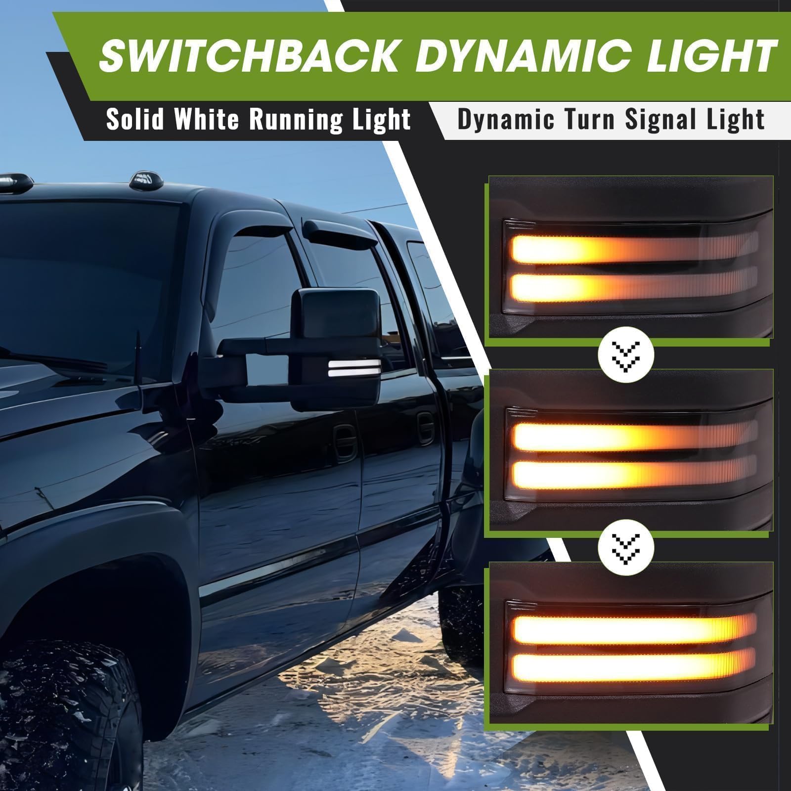 2003-2007 Chevy Silverado GMC Sierra Switchback Towing Mirrors - Power Heated Extendable Side Mirrors with Dynamic Turn Signal, Running Light & Backup Lamp (Black) - Perfect for Towing, Camping & Off-Road Adventures