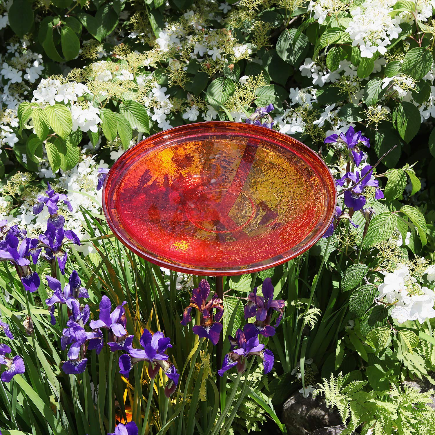 Achla Designs 14-inch Red Crackle Glass Birdbath Bowl with Stake - Perfect for Garden Decor and Attracting Birds to Your Backyard