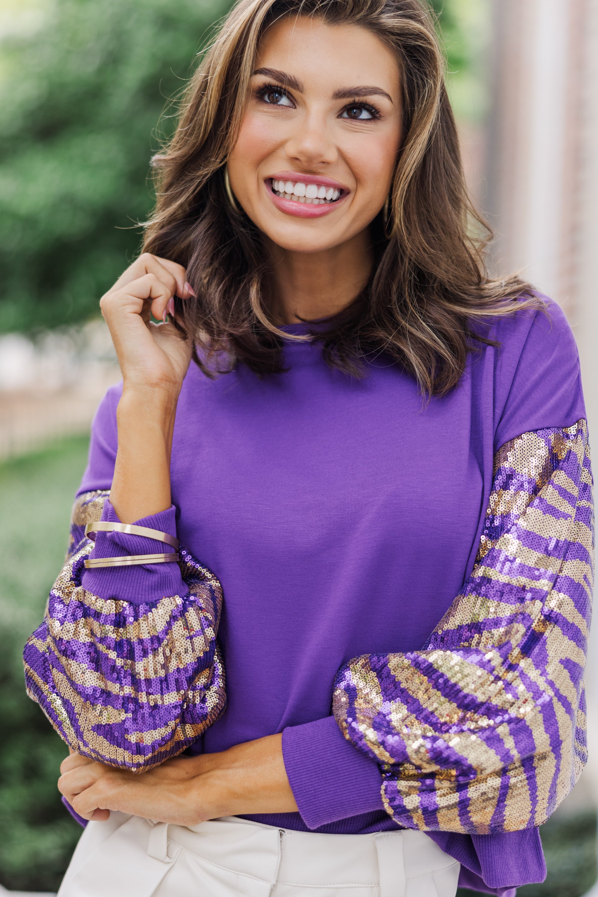 First In Line Purple Tiger Sequin Blouse | Women's Fashion Top for Party & Night Out | Perfect for Clubwear, Evening Events & Special Occasions