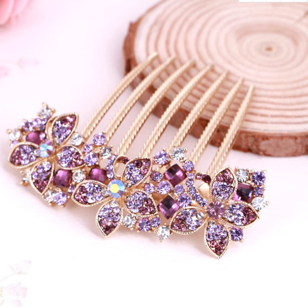 Sparkling Rhinestone Flower Hair Comb for Women - Elegant Hairpin Barrette for Thick Hair - Wedding, Prom & Party Hair Accessory (Purple)