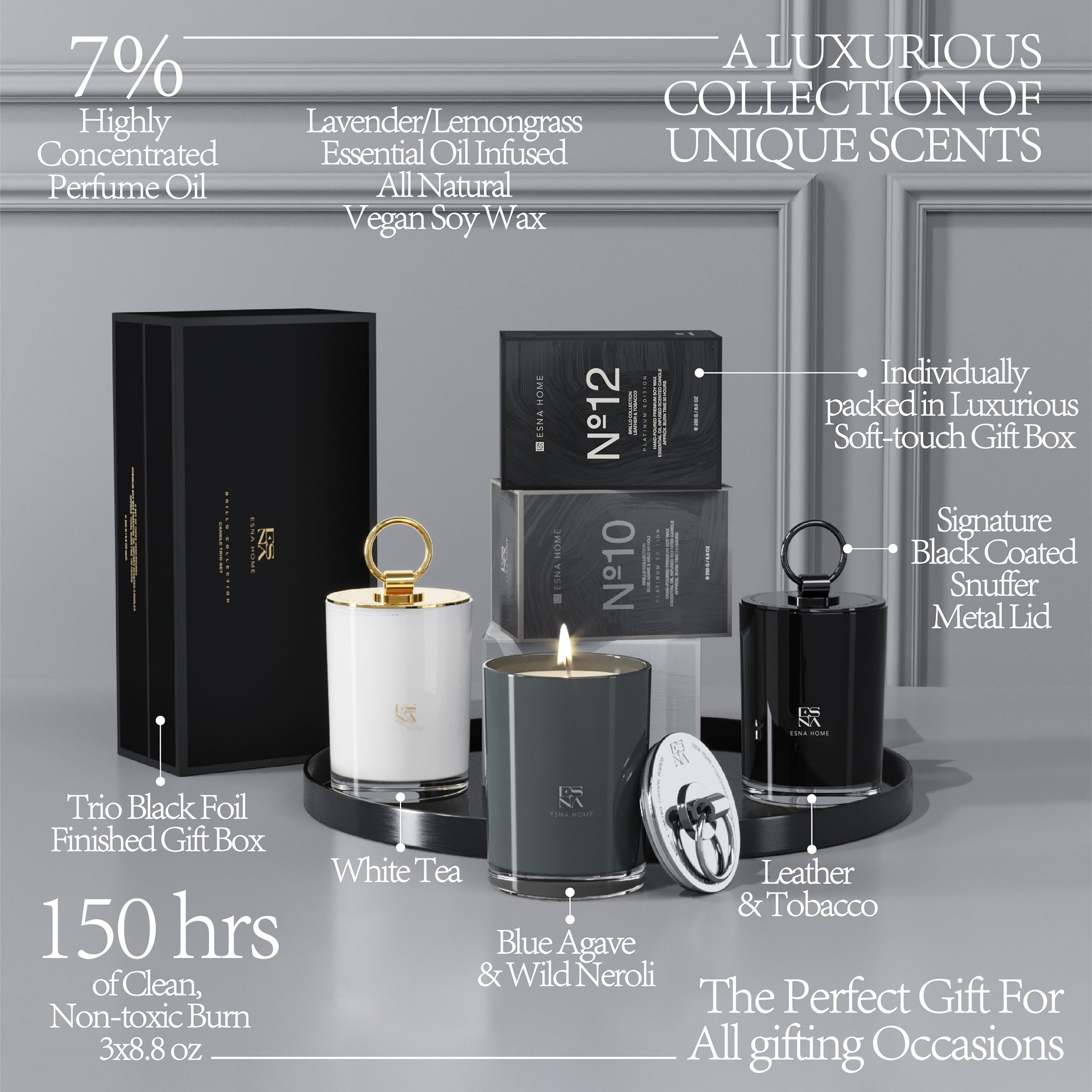 ESNA HOME Luxury Black Trio Set - 3 All-Natural Soy Scented Candles (150h Burn Time) | Perfect Aromatherapy Gifts for Women, Engagement Present | Ideal for Home Decor, Relaxation & Romantic Ambiance