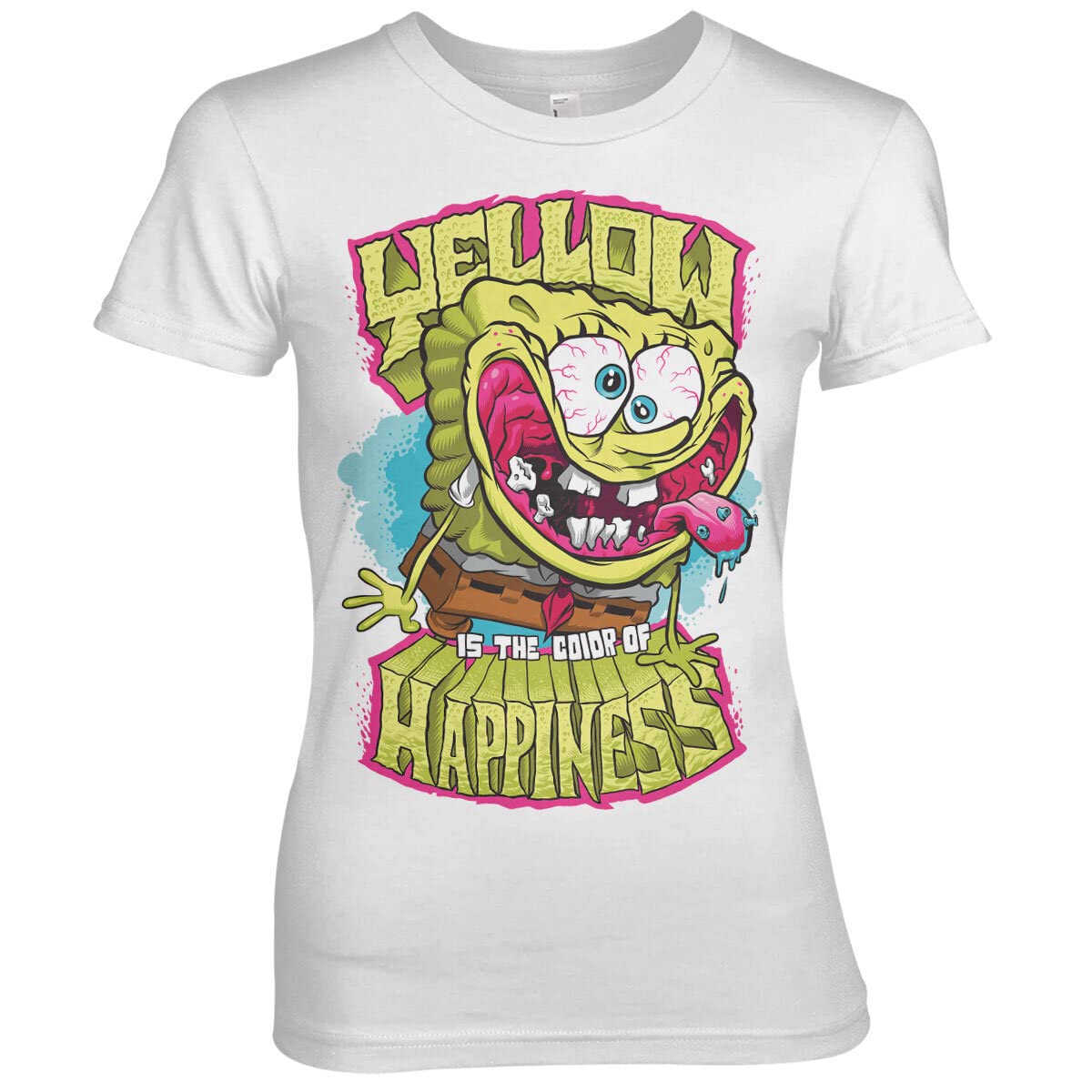 SpongeBob SquarePants Official Licensed Happy Yellow Women's T-Shirt - Medium Size White Cotton Tee for Casual Wear & Cartoon Fans