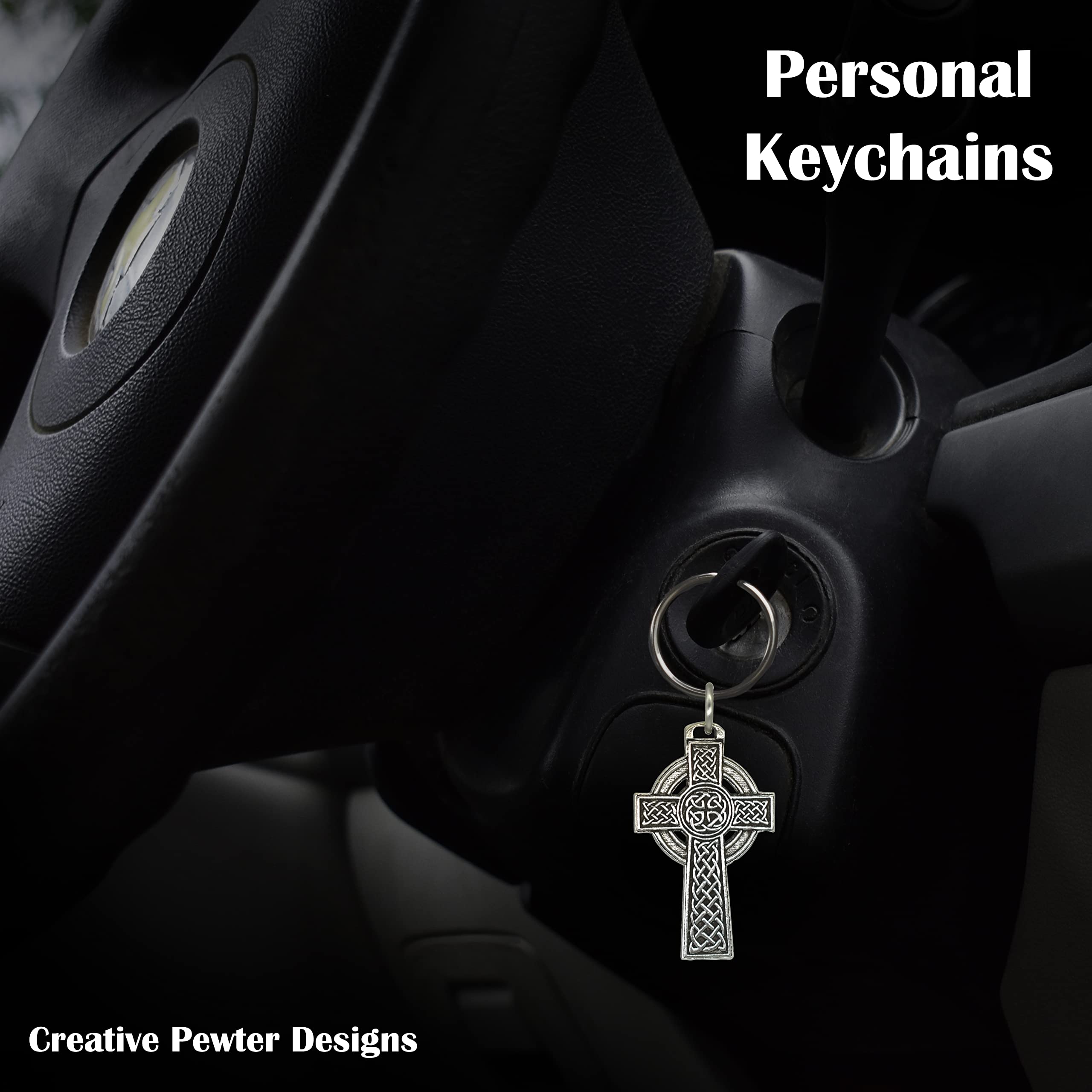 Handmade Pewter Celtic Cross Keychain with Circle - 2 1/8 Inch Christian Faith Jewelry, Irish Catholic Metal Key Chain (A1025KC) | Perfect for Gifts, Memorial Headstones & Everyday Carry