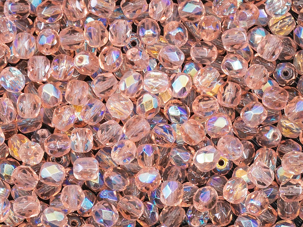 Premium Czech Fire-Polished Glass Beads Set - 300pcs Round Beads in 4mm & 6mm Sizes, Crystal AB & Rosaline AB Colors - DIY Jewelry Making Kit for Necklaces, Bracelets, Earrings & Craft Projects