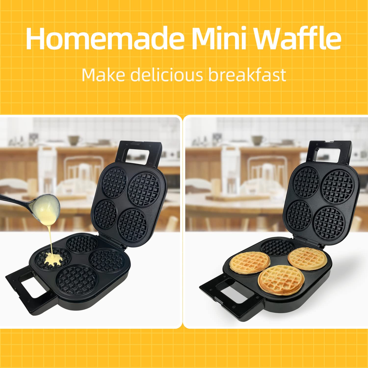 Nonstick Belgian Waffle Maker 1300W - 4 Slice Waffle Iron with Indicator Light for Perfect Breakfast, Brunch & Family Gatherings