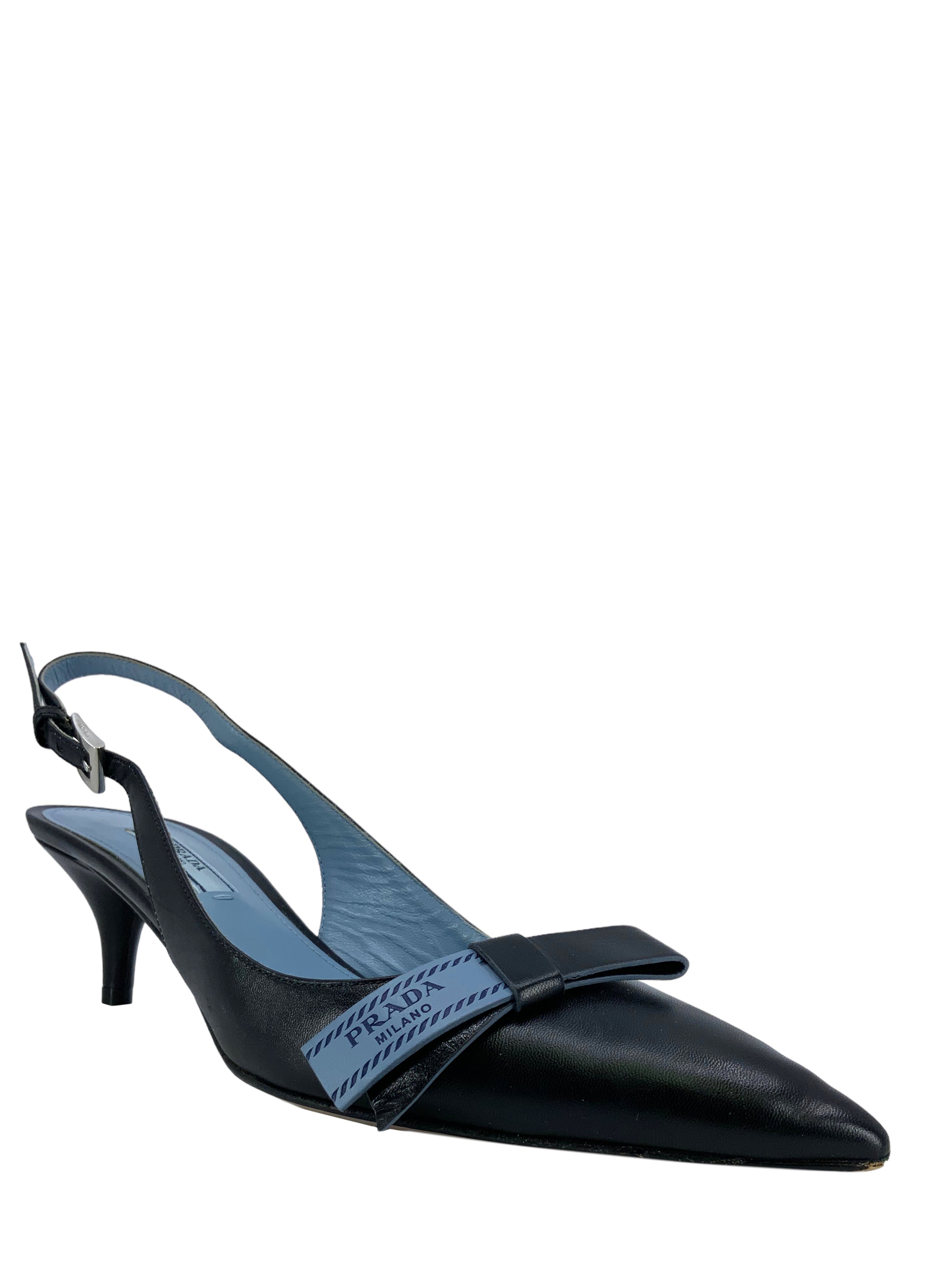 Prada Leather Logo Bow Kitten Heel Slingback Pumps Women's Size 7.5 - Perfect for Office, Party & Special Occasions