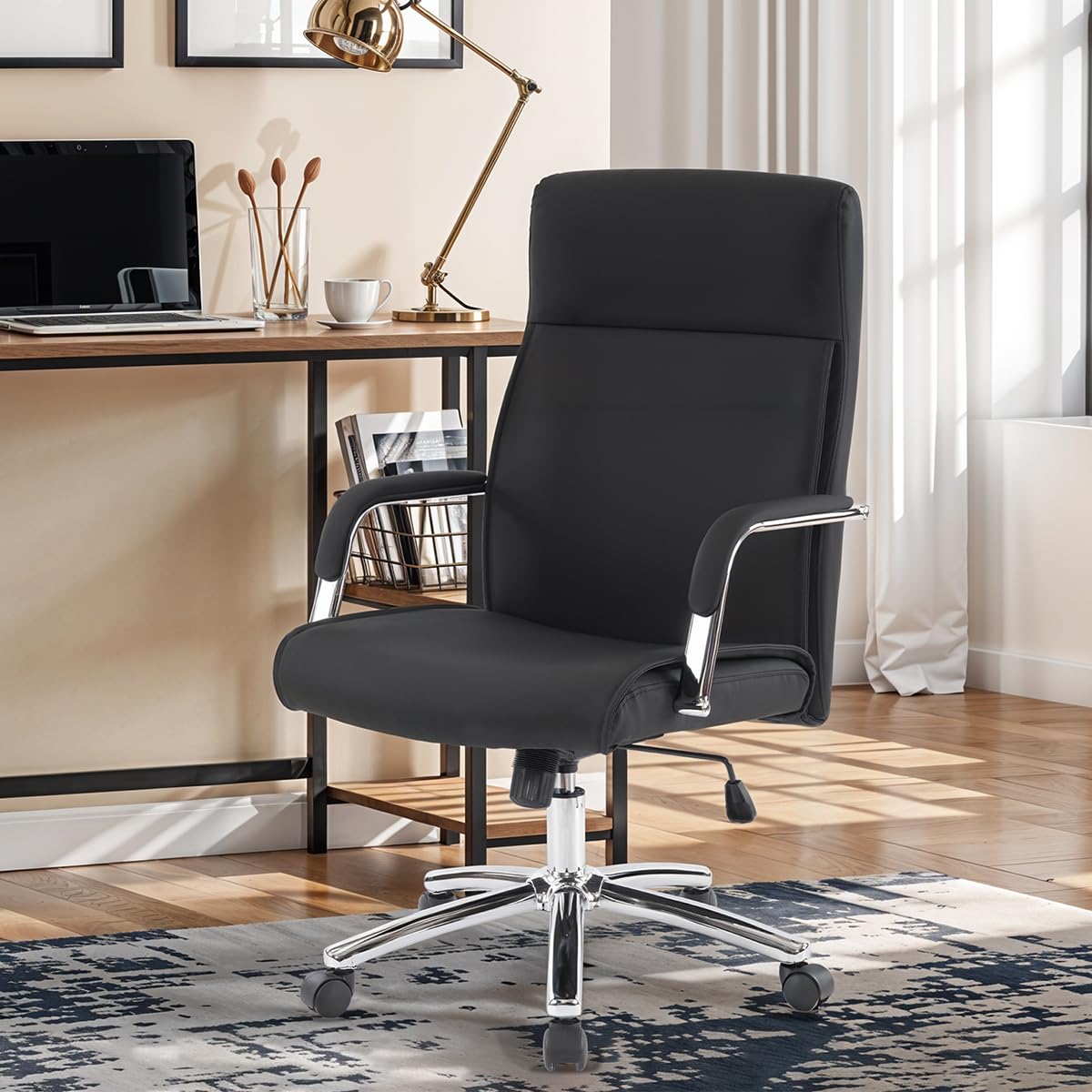 Ergonomic High Back Executive Office Chair with Adjustable Height, Lumbar Support & Rocking Function - Faux Leather Managerial Desk Chair for Home & Office (Black) - Perfect for Long Work Hours, Gaming & Conference Rooms