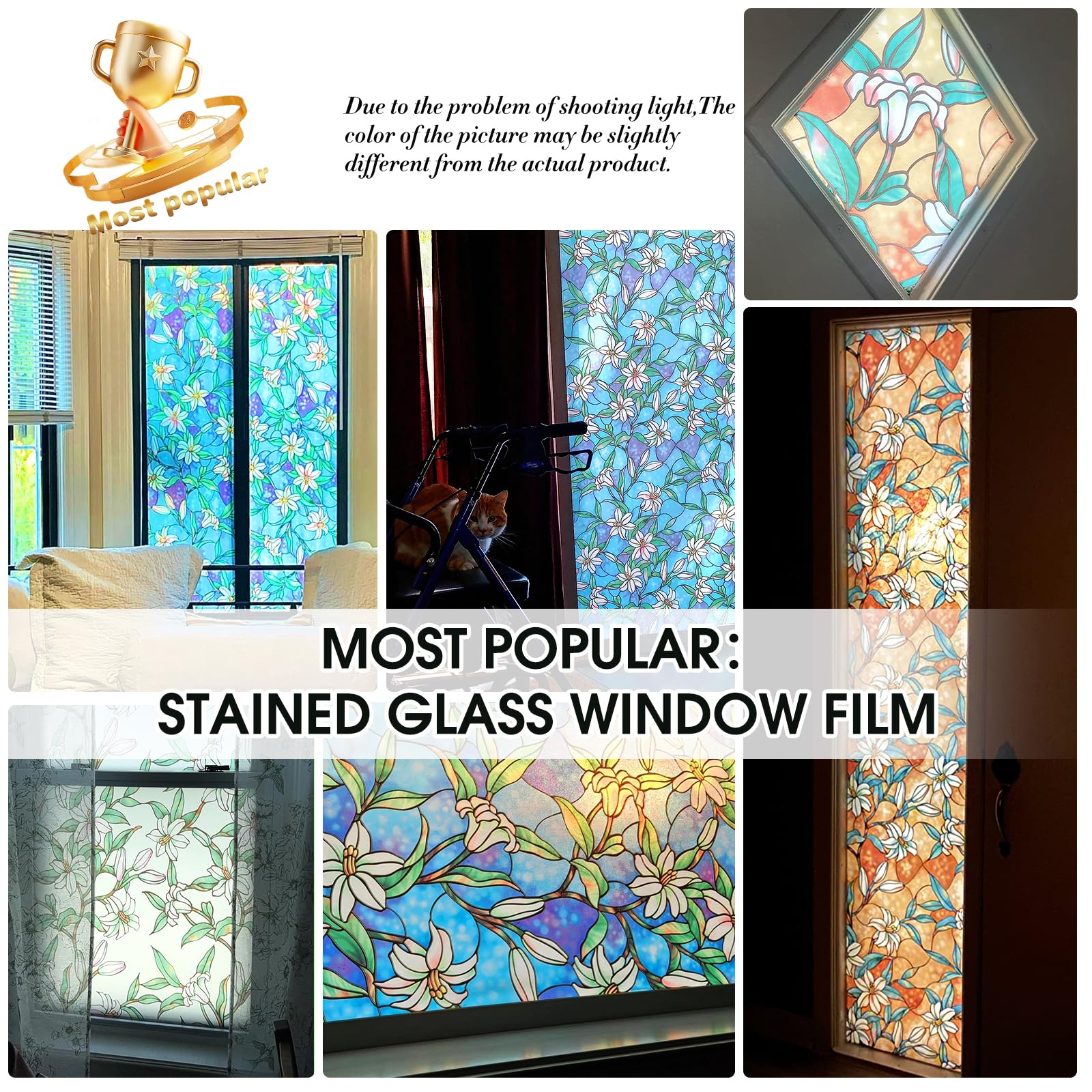 Coavas Frosted Stained Glass Privacy Window Film - Non-Adhesive Vinyl Window Tint for Bathroom & Home (23.6