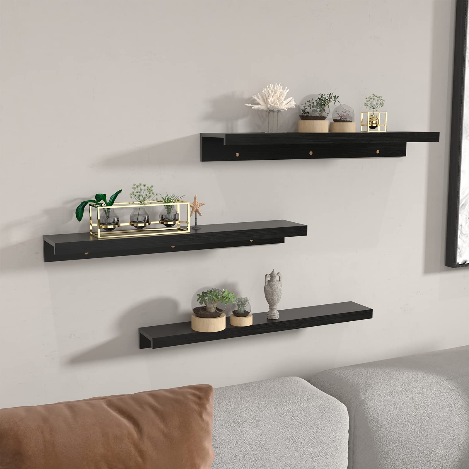 Giftgarden 24 Inch Black Floating Shelves Set of 3 - Wall Mounted Woodgrain Picture Ledge Shelf for Storage, Home Decor - Perfect for Bedroom, Bathroom, Kitchen, Living Room & Office Organization