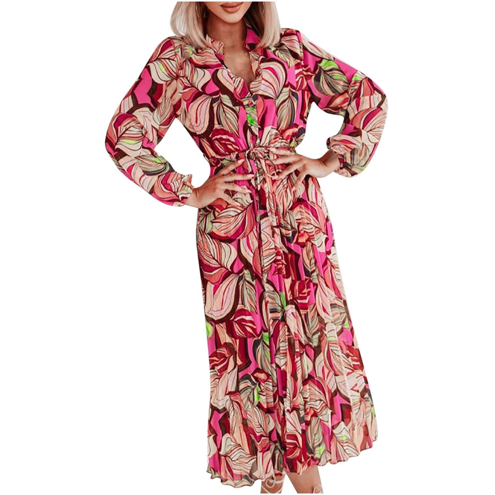 BOXIACEY Women's Floral Print V-Neck Casual Dress Long Sleeve Button Down Pleated Midi Dress for Spring Summer 2024 - Perfect for Office, Date Night & Weekend Outings