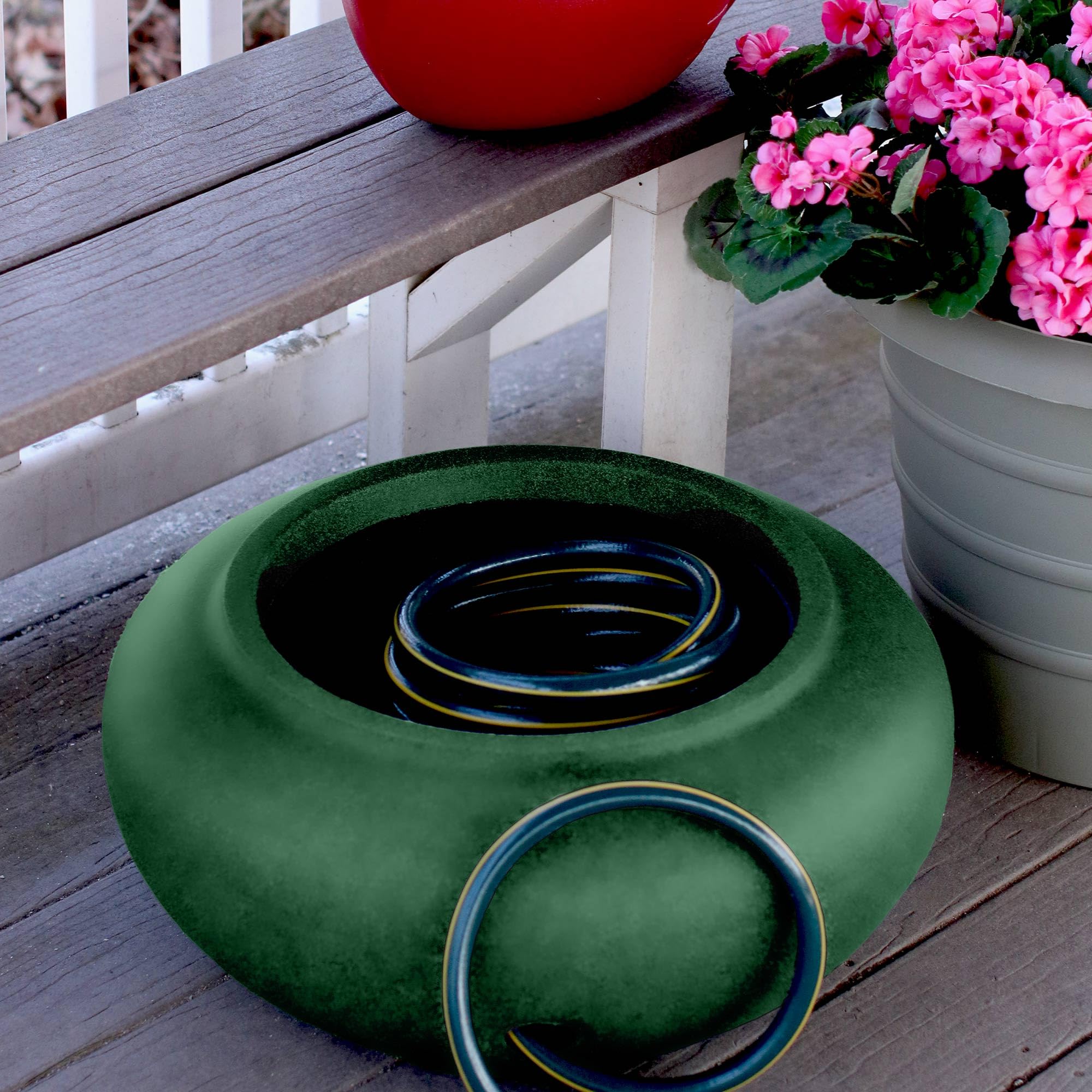 The HC Companies 21 Inch Lightweight Garden Hose Storage Pot - Holds 75-100 Ft Hoses, Terrazzo Series Design, Terra Cotta (2 Pack) - Perfect for Outdoor Garden, Yard, and Patio Organization