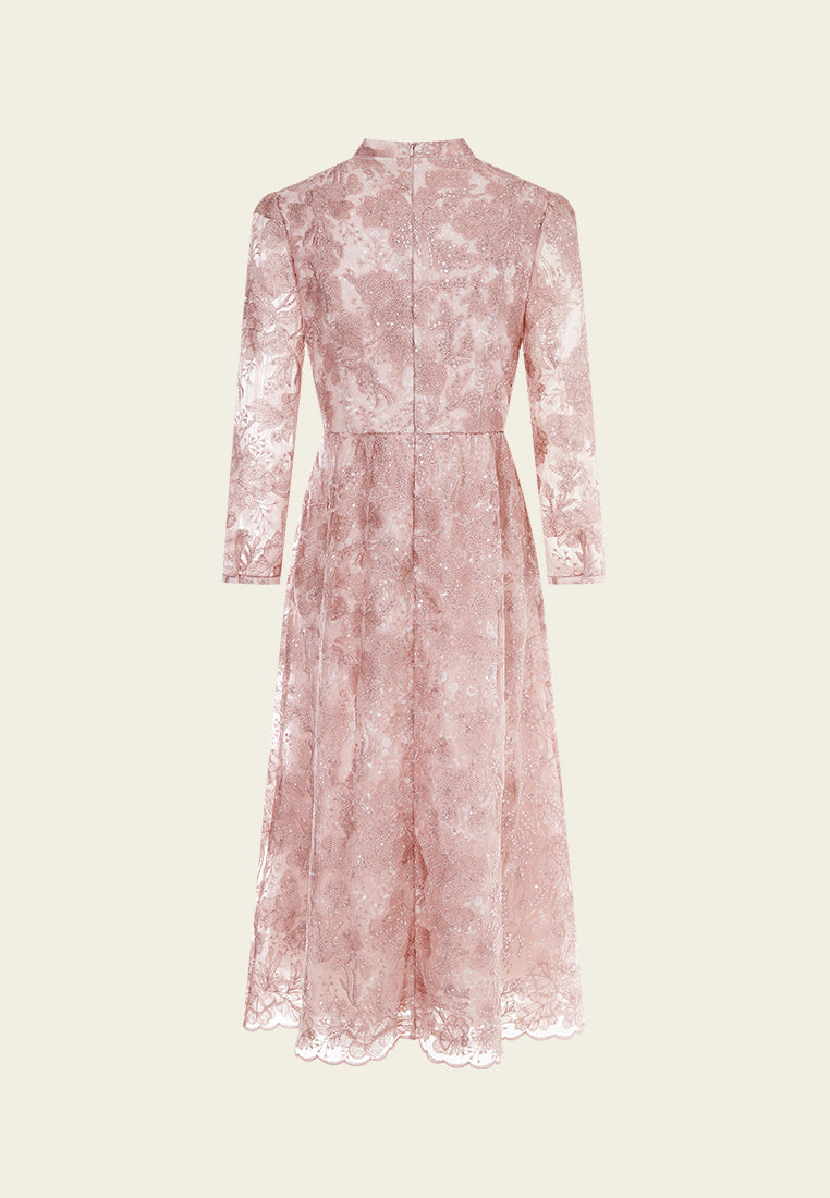 Elegant Button-Up Dress with Embroidery & Sequin Details - Scallop Hem Flowy Dress for Women | Perfect for Parties, Weddings & Special Occasions