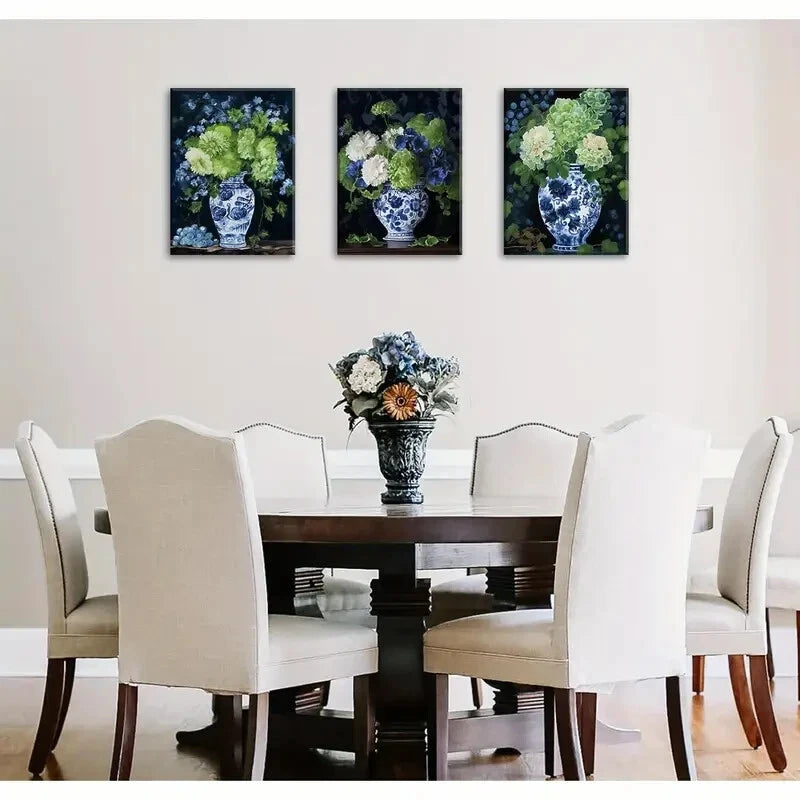 3-Piece Aesthetic Blue & White Porcelain Vase Metal Wall Art - Ready to Hang Home Decor for Living Room, Bedroom & Office