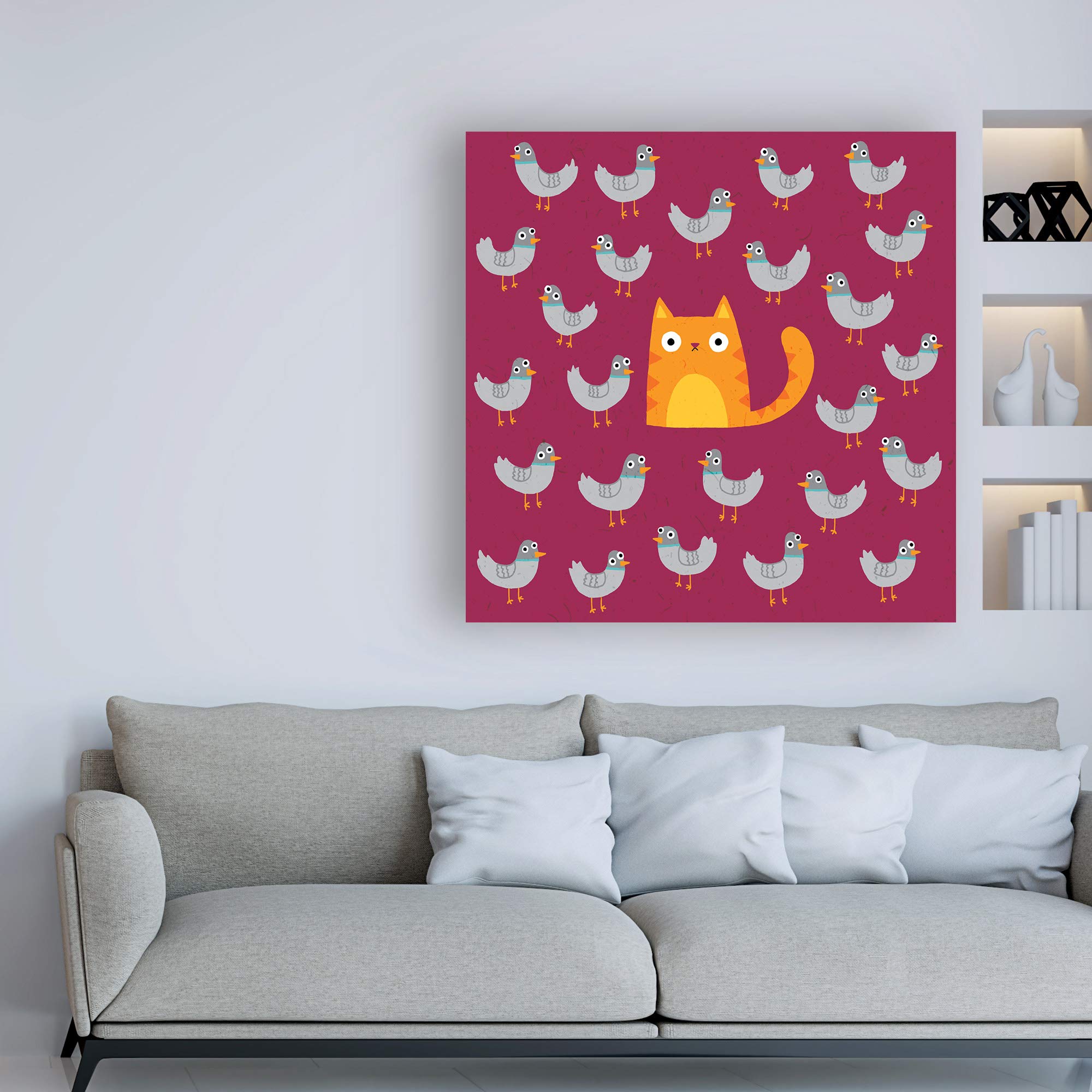 Trademark Fine Art - 18x18 Inch 'Cat Amongst The Pigeons' Canvas Wall Art by Michael Buxton - Modern Home Decor for Living Room, Bedroom & Office