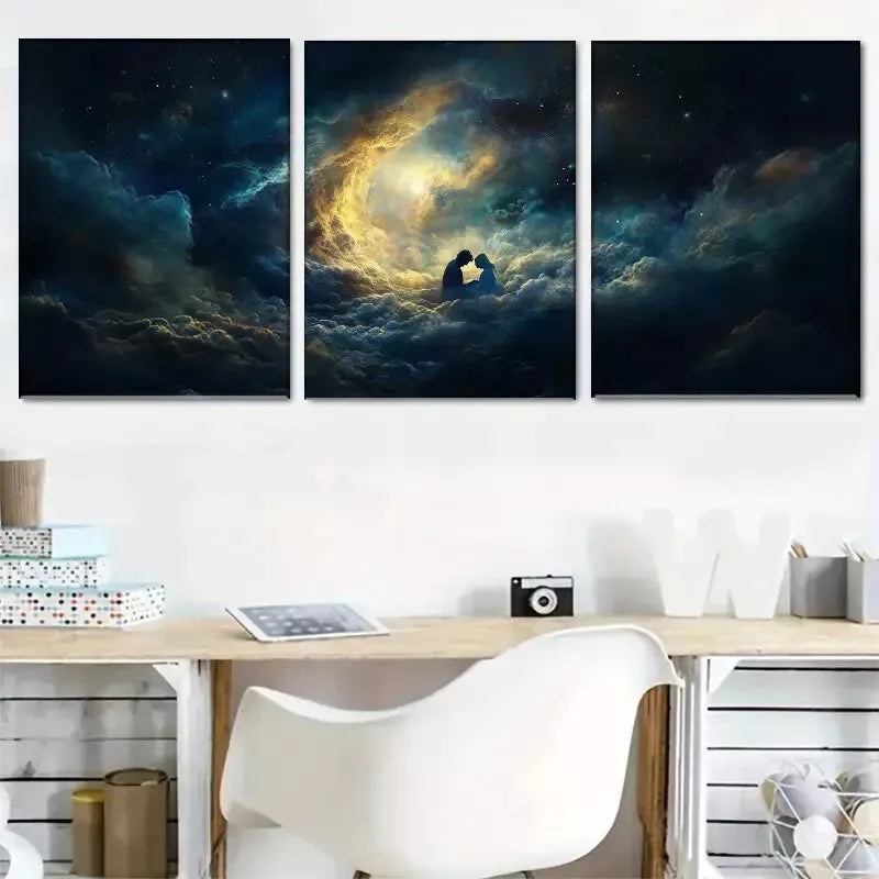 3pcs Romantic Lovers Clouds Dreamy Starry Night Art Set - Framed Canvas Wall Decor 50x70cm - High Quality Print - 100% Australian Made - Ready to Hang - Perfect for Bedroom, Living Room & Wedding Gift