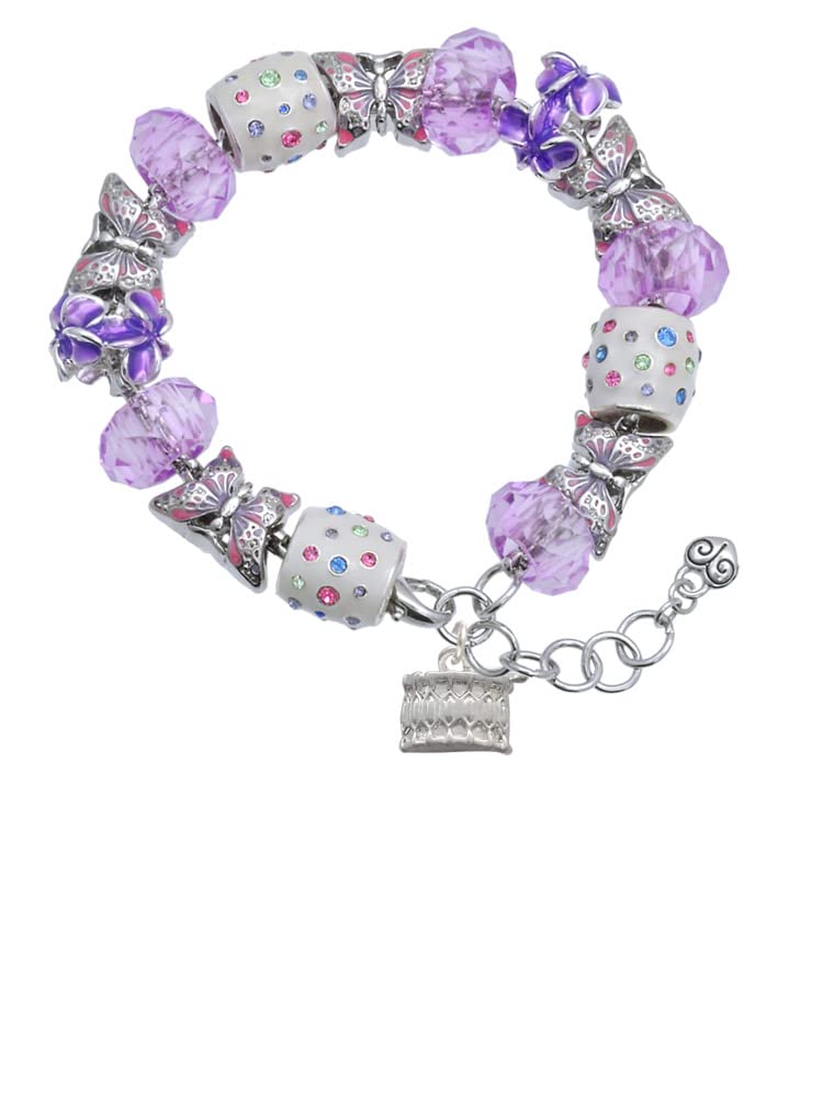 Delight Jewelry Silvertone Drum Purple Butterfly Bead Charm Bracelet - Adjustable 7