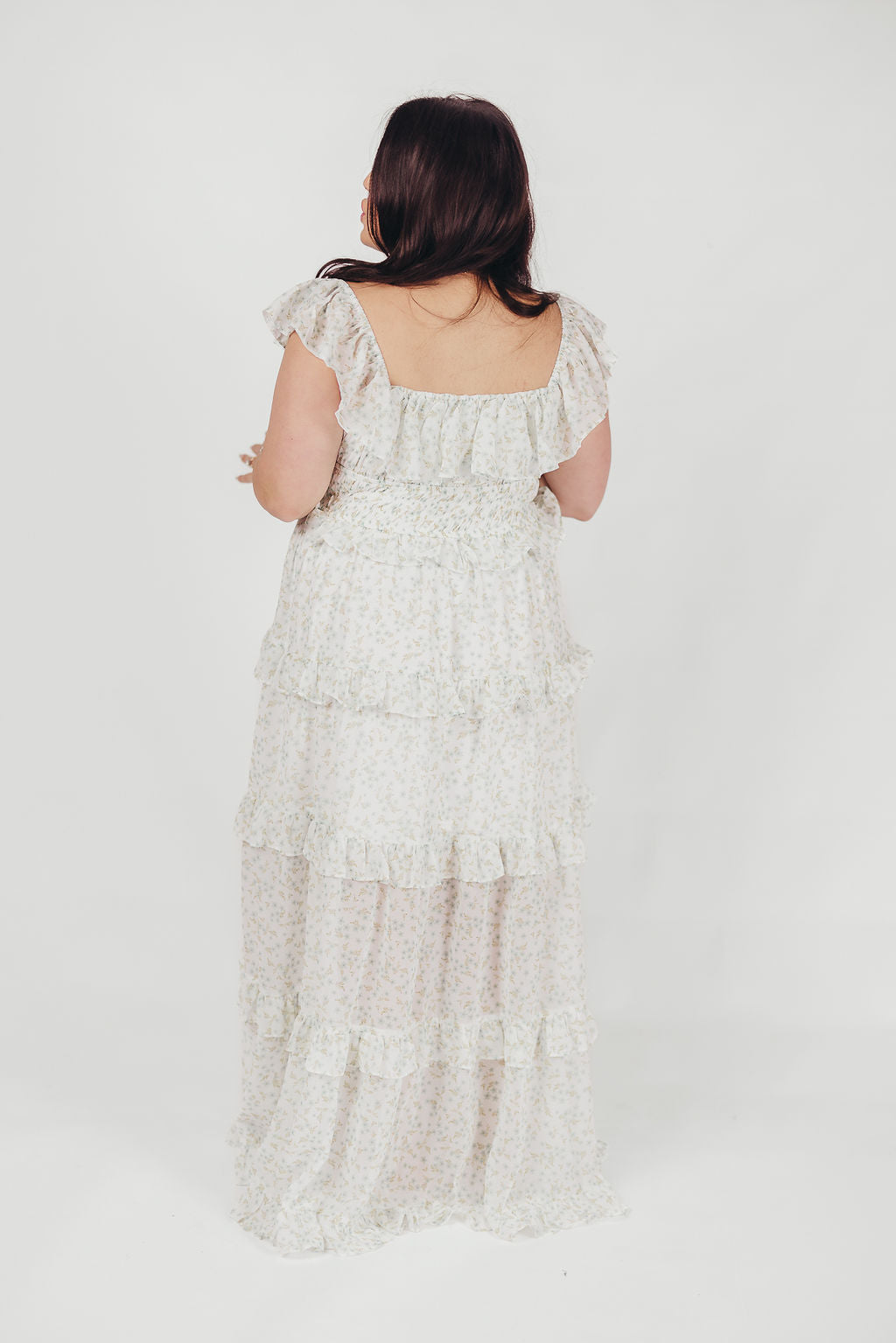 Astrid Ruffle Detail Maxi Dress in Lavender Floral - Bump Friendly Maternity Dress for Pregnancy & Nursing | Perfect for Baby Showers, Weddings & Summer Vacations