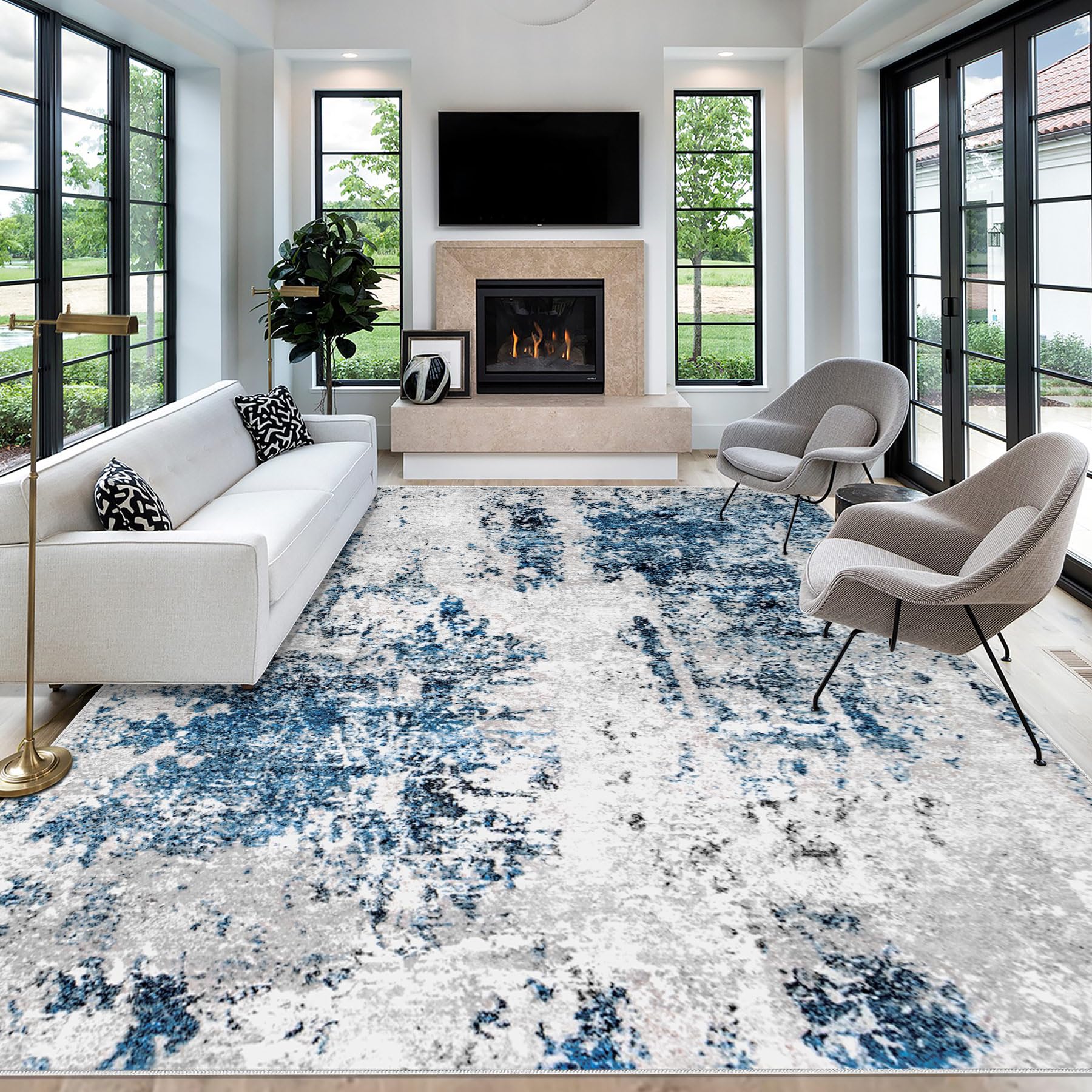 5x7 Washable Non-Slip Area Rug - Soft Low-Pile Abstract Modern Carpet for Living Room, Bedroom, Office & Dining Room | Grey Blue Indoor Floor Mat | Perfect for Home Decor, Cozy Spaces & High-Traffic Areas