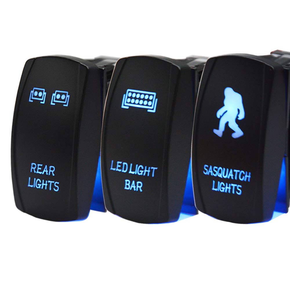 Dasen Rocker Switch 3PCS - Laser Etched Sasquatch, Rear & LED Lights Toggle Switch (Blue) - Compatible with ATV UTV SUV - Perfect for Off-Roading, Camping & Vehicle Customization