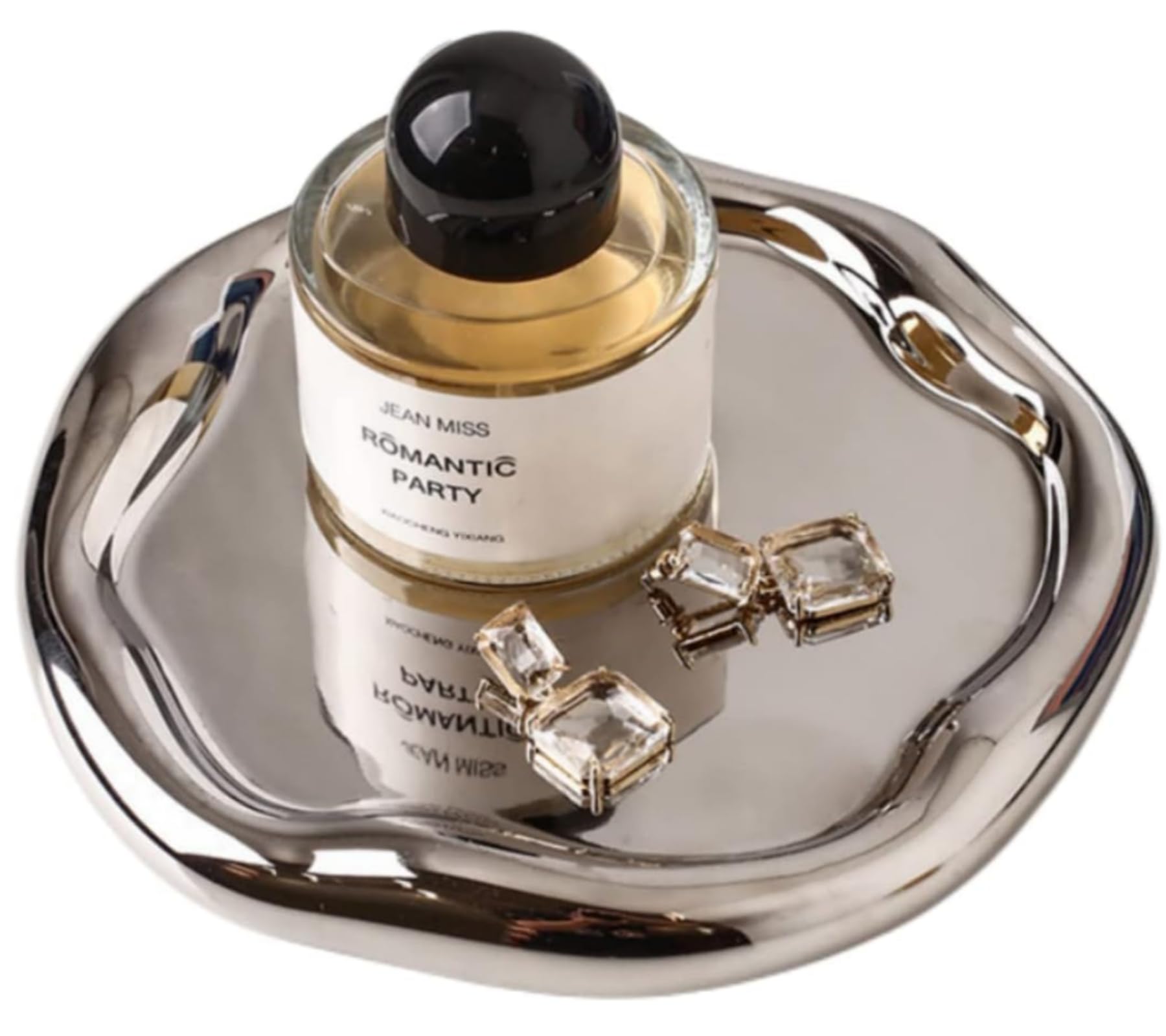 Elegant Silver Ceramic Vanity Tray - Round Jewelry Dish & Makeup Organizer for Bathroom | Decorative Storage Plate for Cosmetics, Rings, and Small Accessories | Perfect for Home Decor, Wedding Gifts, and Spa Days