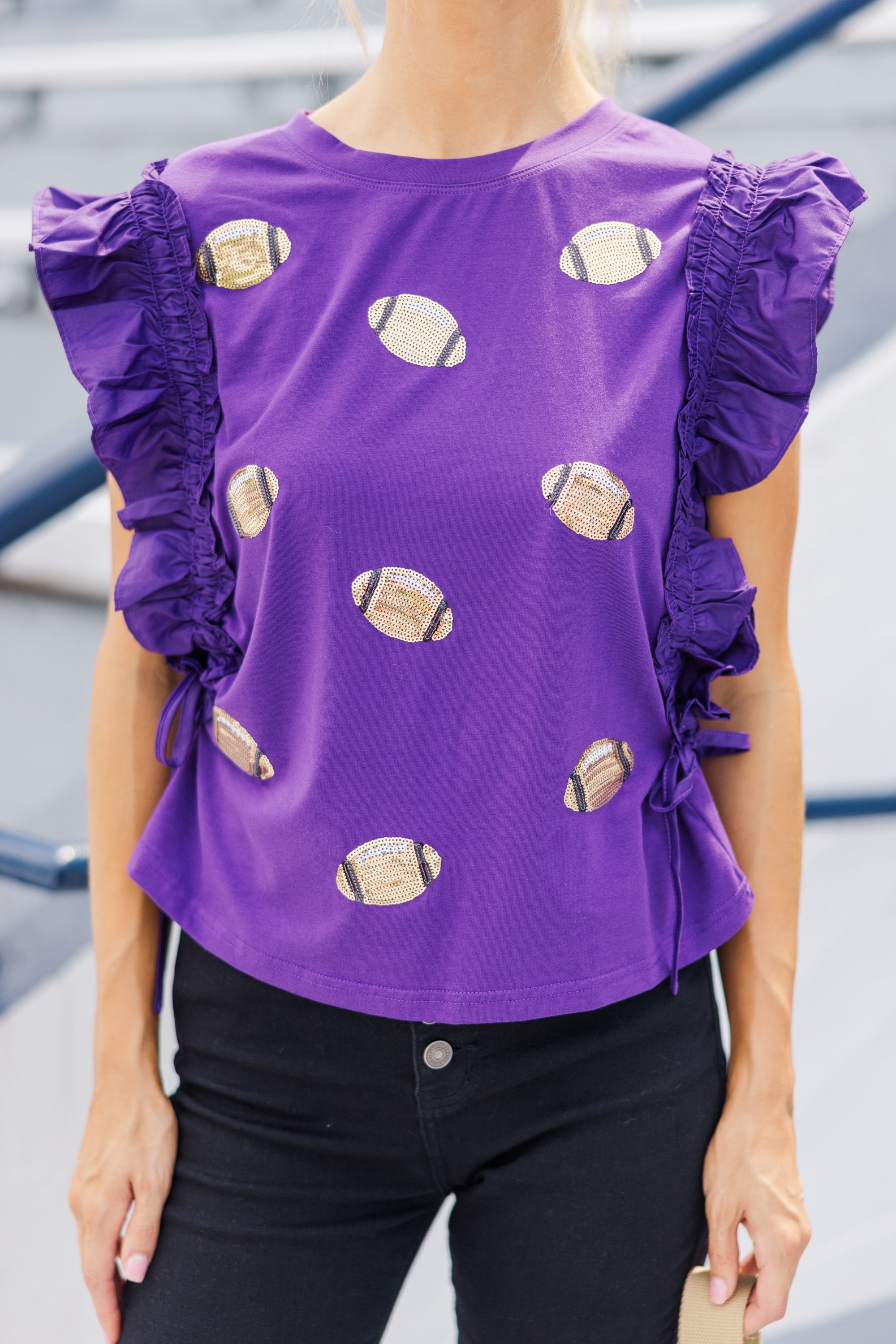 Cheer You On Purple & Gold Sequin Football Blouse - Glittery Game Day Top for Women's Sports Events & Team Spirit Outfits