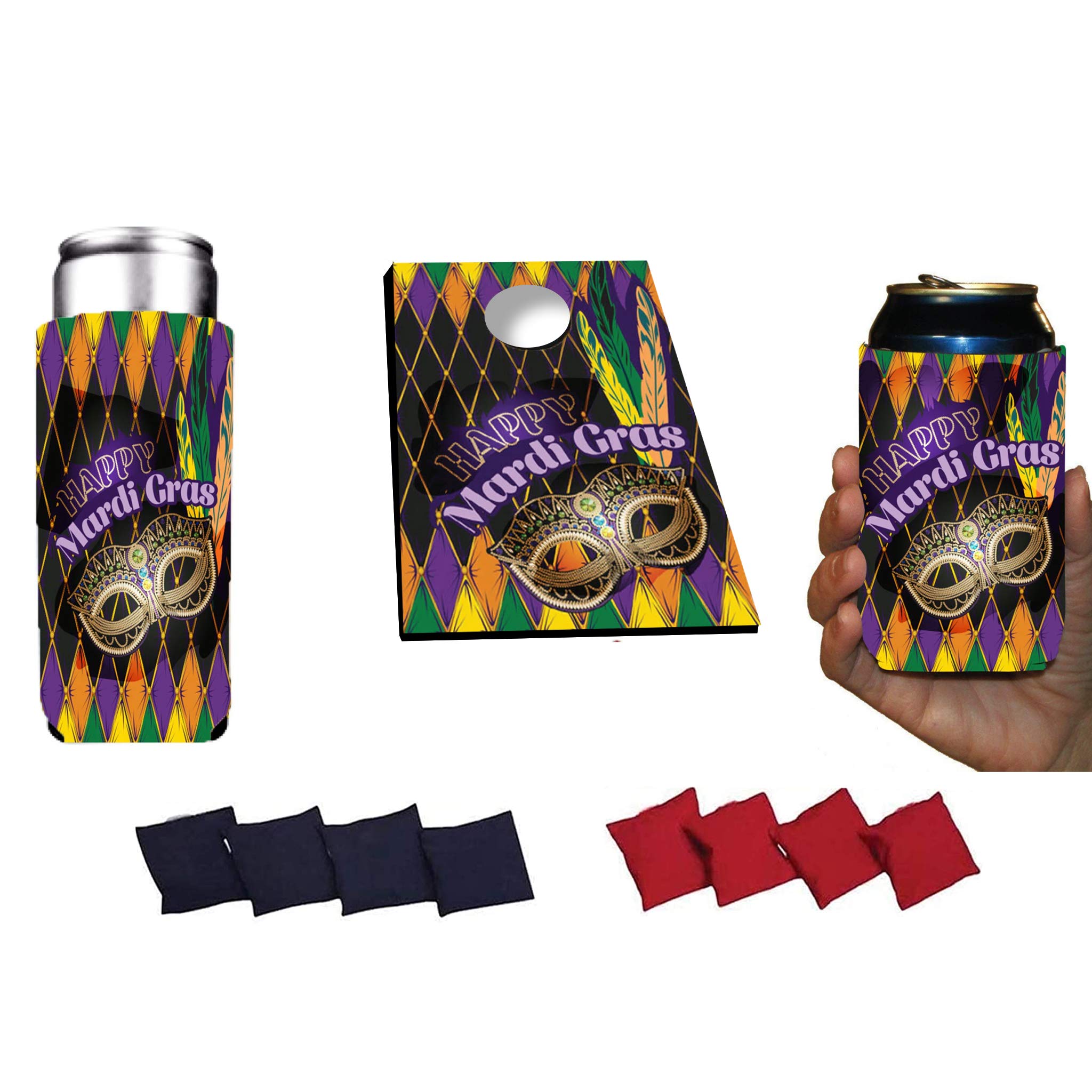 VictoryStore Mardi Gras Party Set - 6 Standard & 6 Slim Can Coolers, 2 Cornhole Boards & 8 Bags - Perfect for Masquerade Parties, Carnival Events & Backyard Tailgating Games