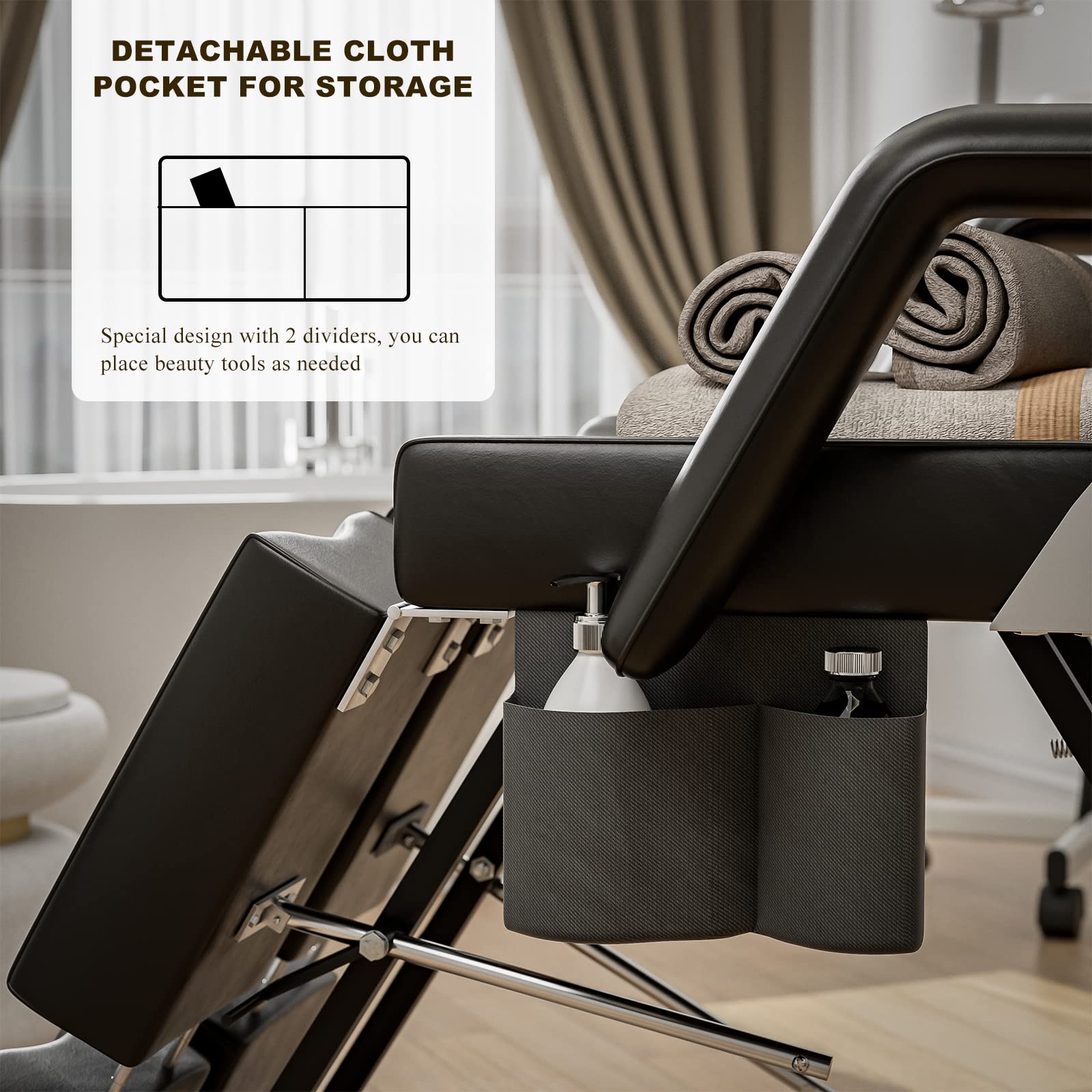 Paddie Adjustable Facial Bed Tattoo Table with Split Legs & Storage Pocket - Professional Spa Massage, Lash Extensions, Microblading & Pedicure Table for Estheticians - Perfect for Salon, Home Spa & Beauty Treatments (Black)