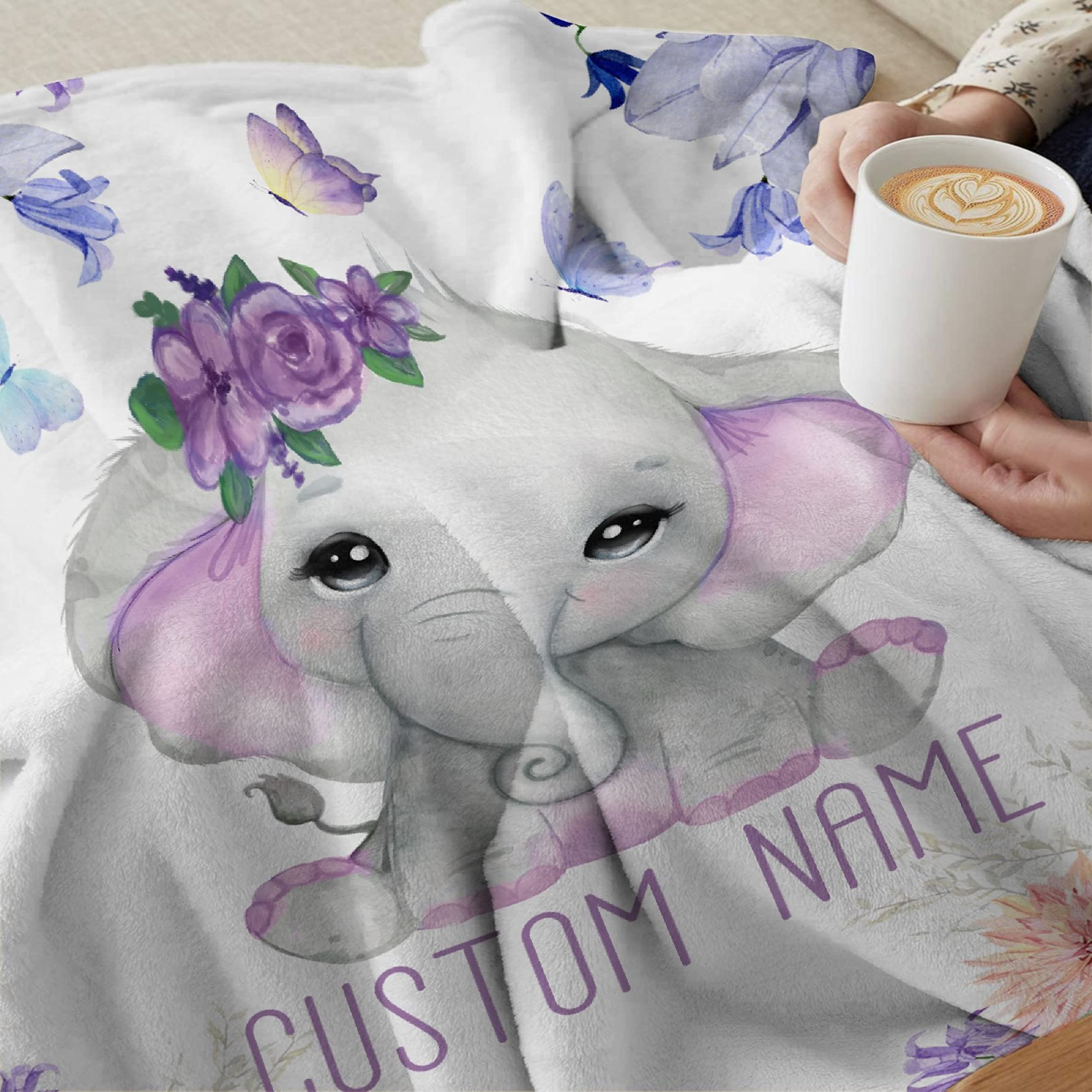 Personalized Baby Blanket with Name - Purple Floral Elephant Design Custom Fleece Blanket for Girls & Boys | Soft 120x90 Inch Baby Shower Gift for Daughter, Granddaughter, Niece | Perfect for Nursery, Cuddling & Family Keepsakes