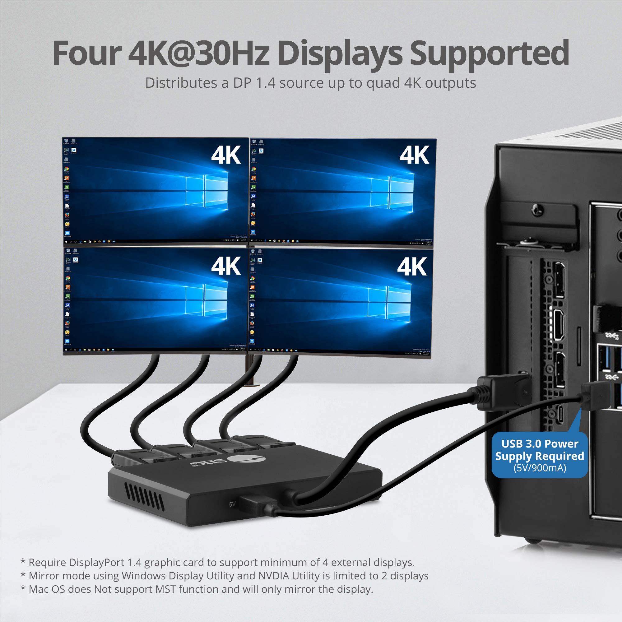 SIIG DisplayPort 1.4 MST Hub - 4K Video Splitter 1 Input 4 Output, Multi Stream Transport for Daisy Chain Monitors, PC Gaming & Office Workstations (Not Compatible with MacOS) - Model CE-DP0R11-S1 | Perfect for Multi-Monitor Setups, Home Office & Professional Workstations