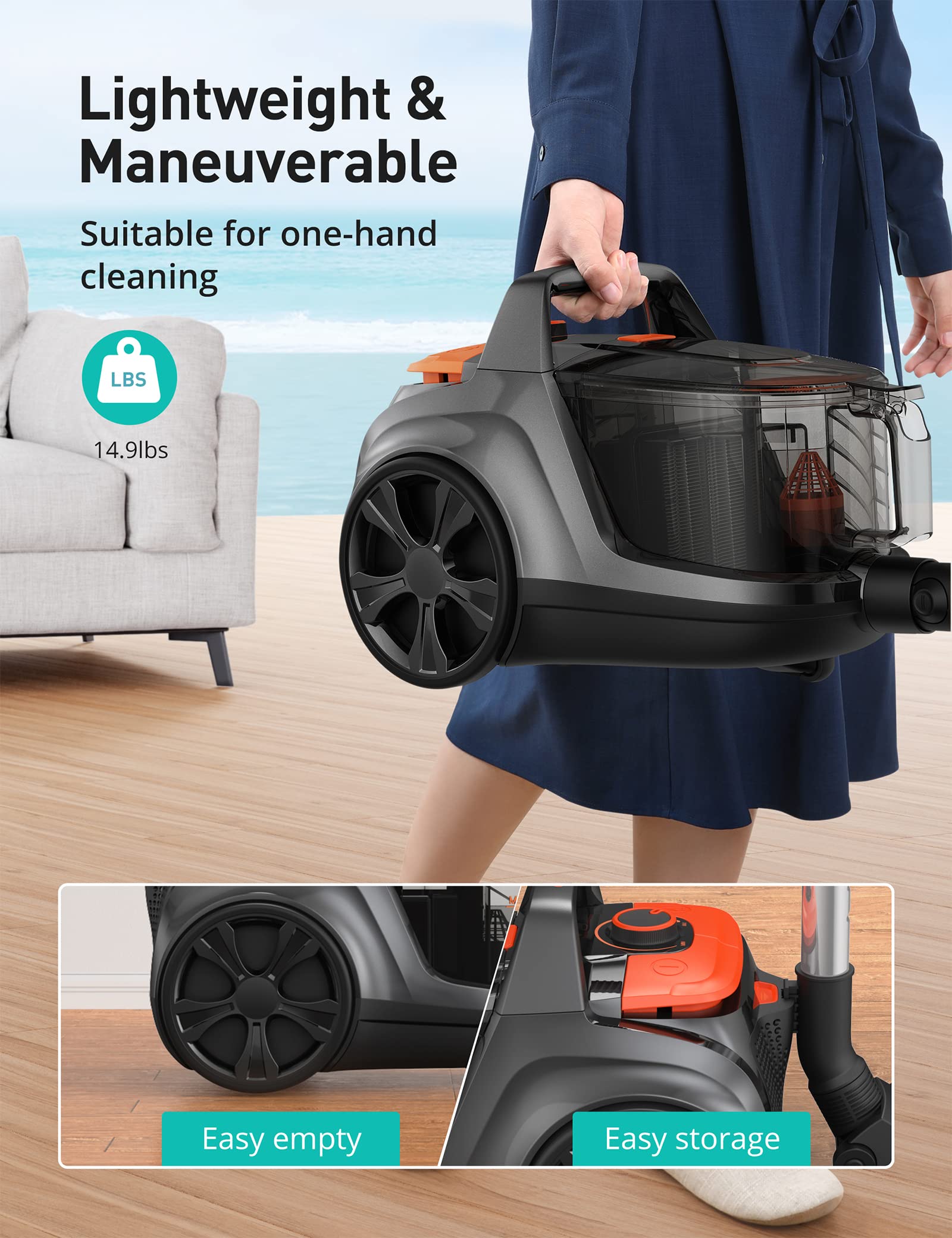 Powerful 24Kpa Aspiron Bagless Canister Vacuum Cleaner - 1200W Lightweight Design, 3.7QT Large Dust Cup, Double HEPA Filtration, Retractable Cord with 5 Attachments for Hard Floors & Carpets (Black) - Ideal for Home Cleaning, Pet Hair Removal & Allergy Relief