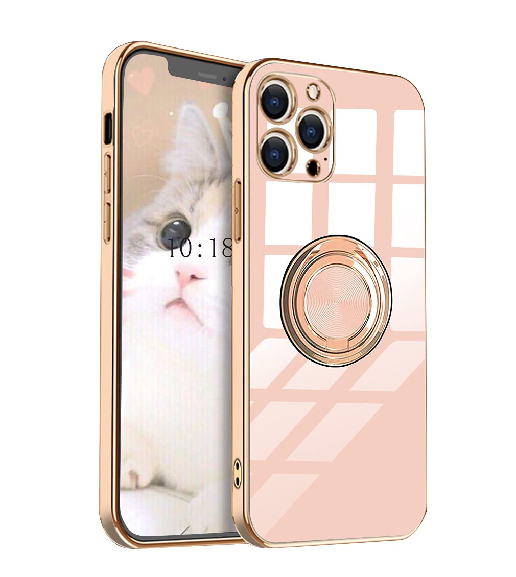 MuZiFei iPhone 12 Pro Max Case with Ring Holder - 360° Rotating Kickstand, Rose Gold Plated Edge, Slim Flexible TPU Protective Cover (Pink) - Perfect for Hands-Free Viewing, Secure Grip & Everyday Protection