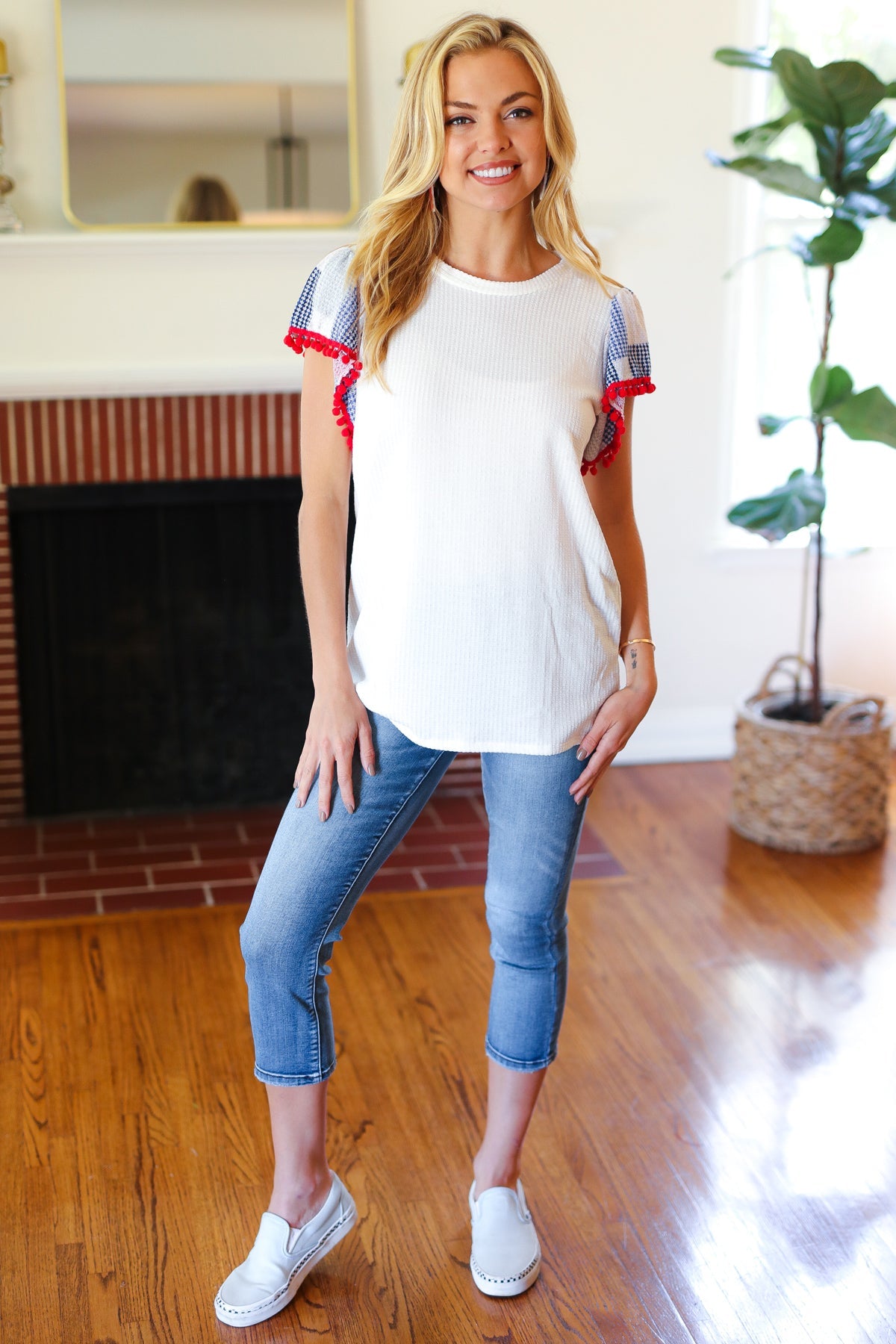 Patriotic Pom Pom Lace Flutter Sleeve Top - Women's Red White Blue Ruffled Blouse for 4th of July, Independence Day & Summer Parties