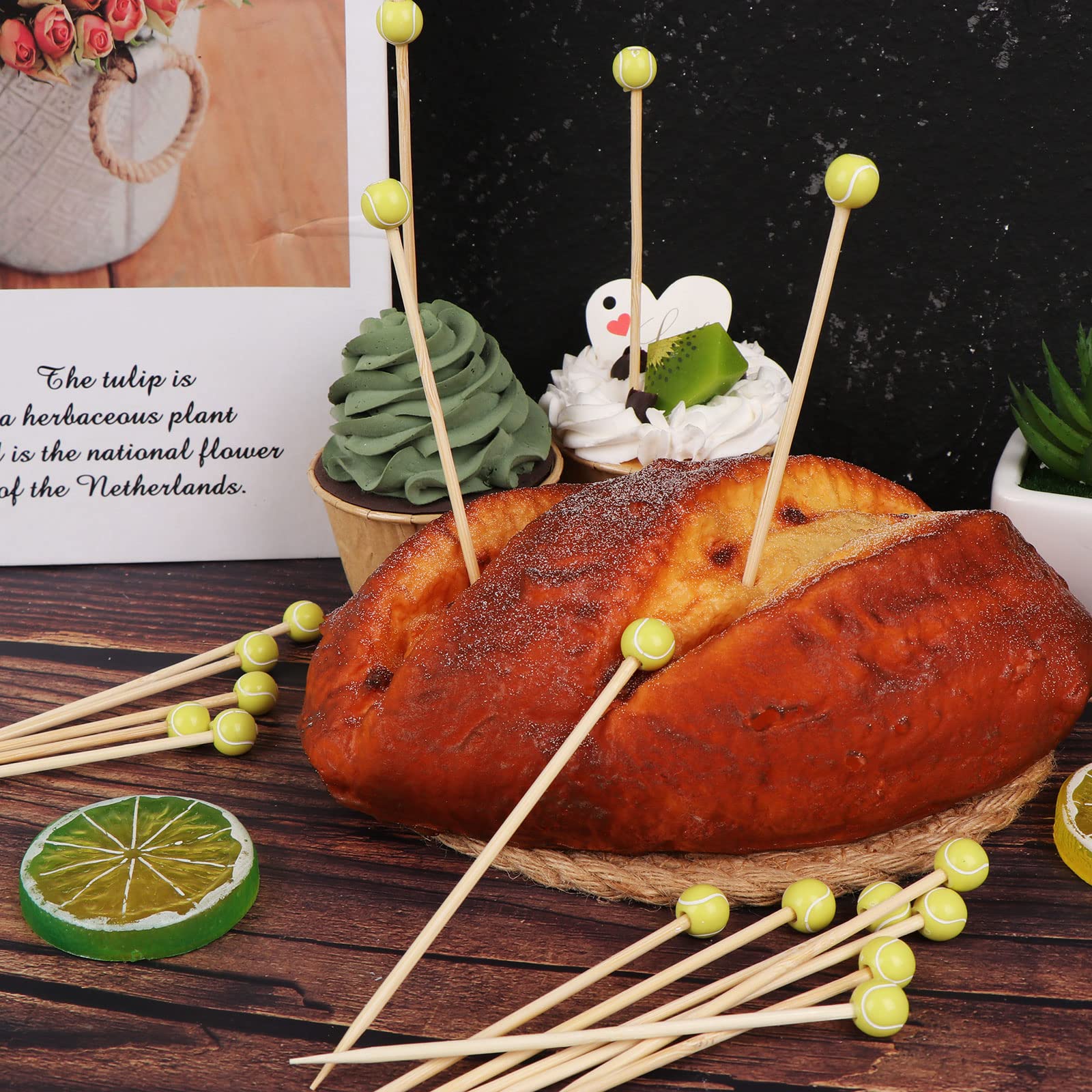 100-Piece 4.7 Inch Bamboo Cocktail Picks with Sports Ball Ends - Wooden Decorative Skewers for Appetizers, Fruits, and Party Foods - Perfect for Tennis Themed Parties, BBQ Gatherings, and Wedding Receptions