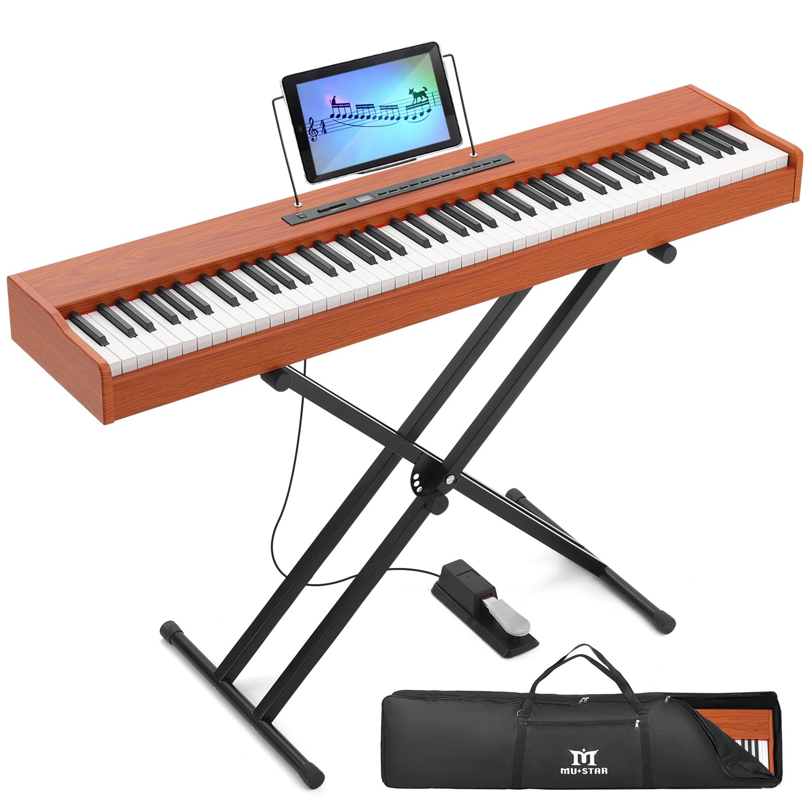 MUSTAR 88 Key Semi-Weighted Digital Piano for Beginners - Full Size Electric Keyboard with Stand, Built-in Speakers & Sustain Pedal - Brown | Home Studio, Music Practice, Live Performance
