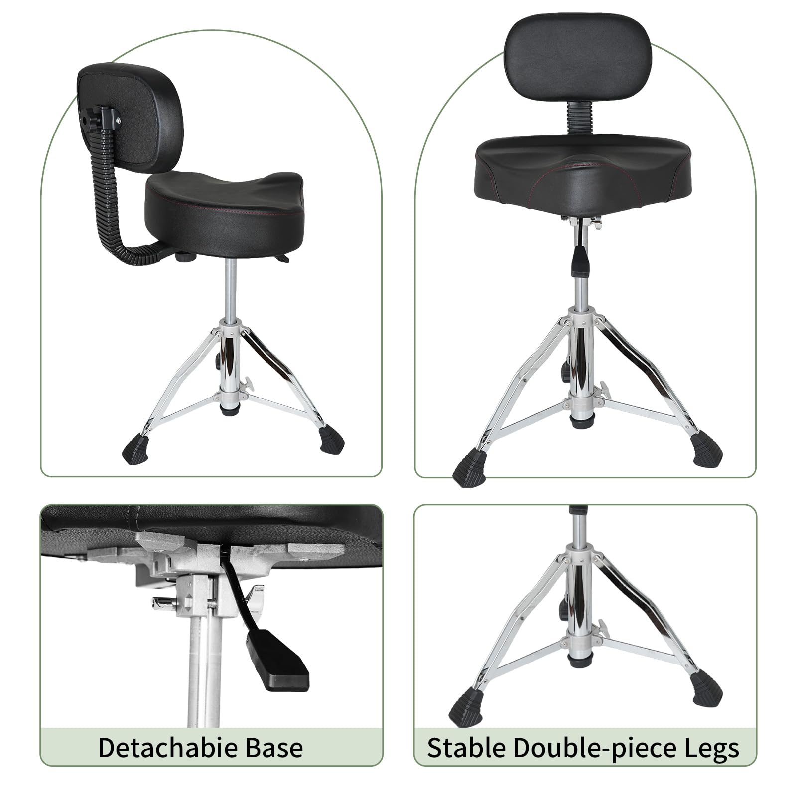 Heavy Duty Hydraulic Drum Throne with Backrest - Adjustable Drum Stool Seat for Drummers, Portable & Removable Motorcycle Style Drum Chair - Perfect for Drum Practice, Live Performances & Music Studios