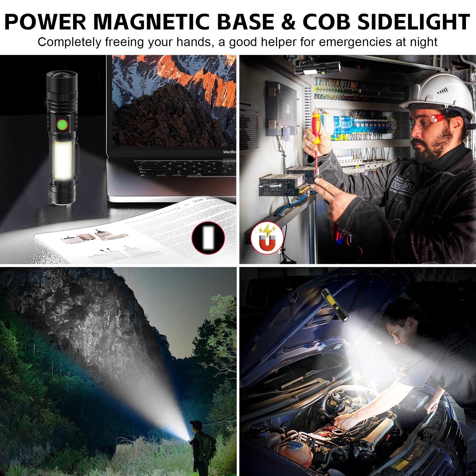 2000LM Rechargeable USB Magnetic LED Flashlight with COB Sidelight - Waterproof, Zoomable Tactical Flashlight for Camping, Hiking, Emergency & Home Use - Compact Handheld Light for Outdoor Adventures