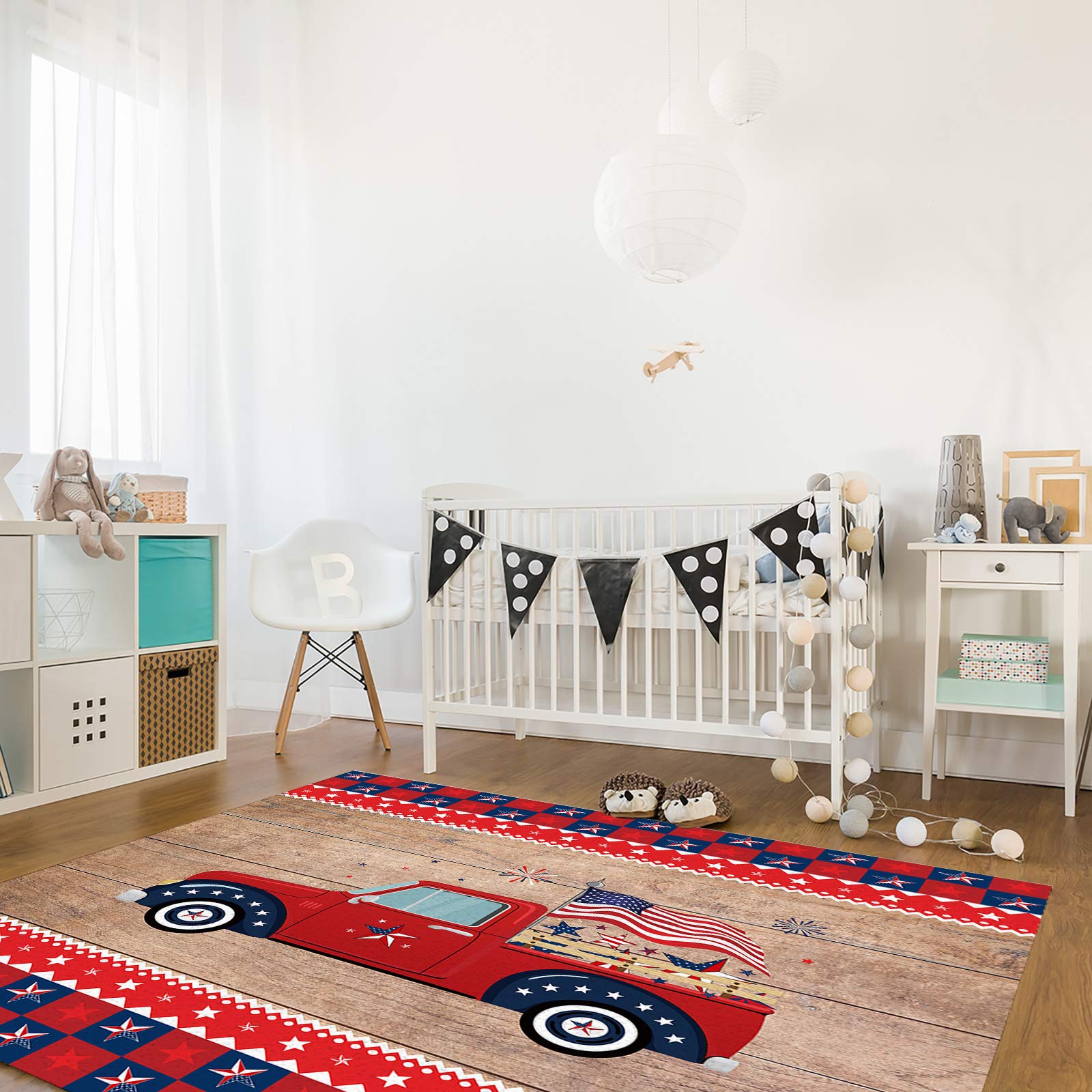 5'x7' Farm Truck Independence National Flag Area Runner Rug - Washable Buffalo Check Carpet for Indoor & Outdoor Use - Perfect for Kitchen, Living Room, Bathroom, Bedroom, Classroom, Laundry Room and Entryway Doormat