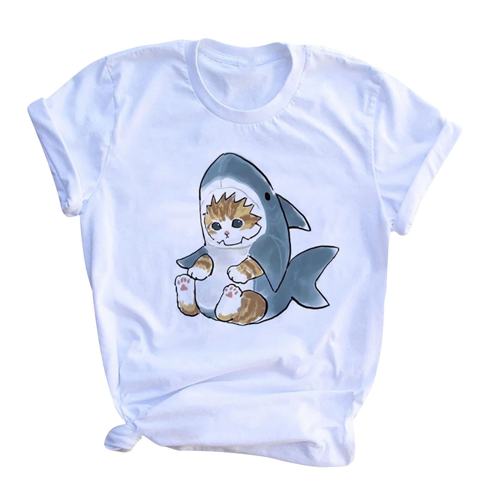 Funny Shark Cat Graphic Tee for Women - Soft Modal Crew Neck Summer Tops - Cute Basic T-Shirt Gift for Teens & Girlfriend (White) - Perfect for Casual Wear, Beach Outings & Gifts