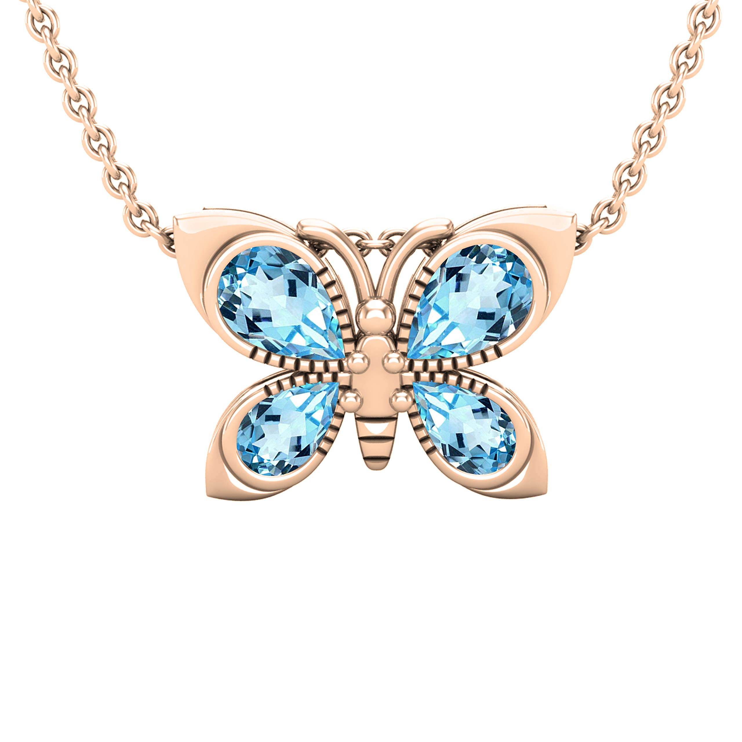18K Solid Rose Gold Blue Topaz Butterfly Pendant Necklace for Women - Dazzlingrock Collection with Gold Chain | Elegant Jewelry Gift for Birthday, Anniversary & Special Occasions