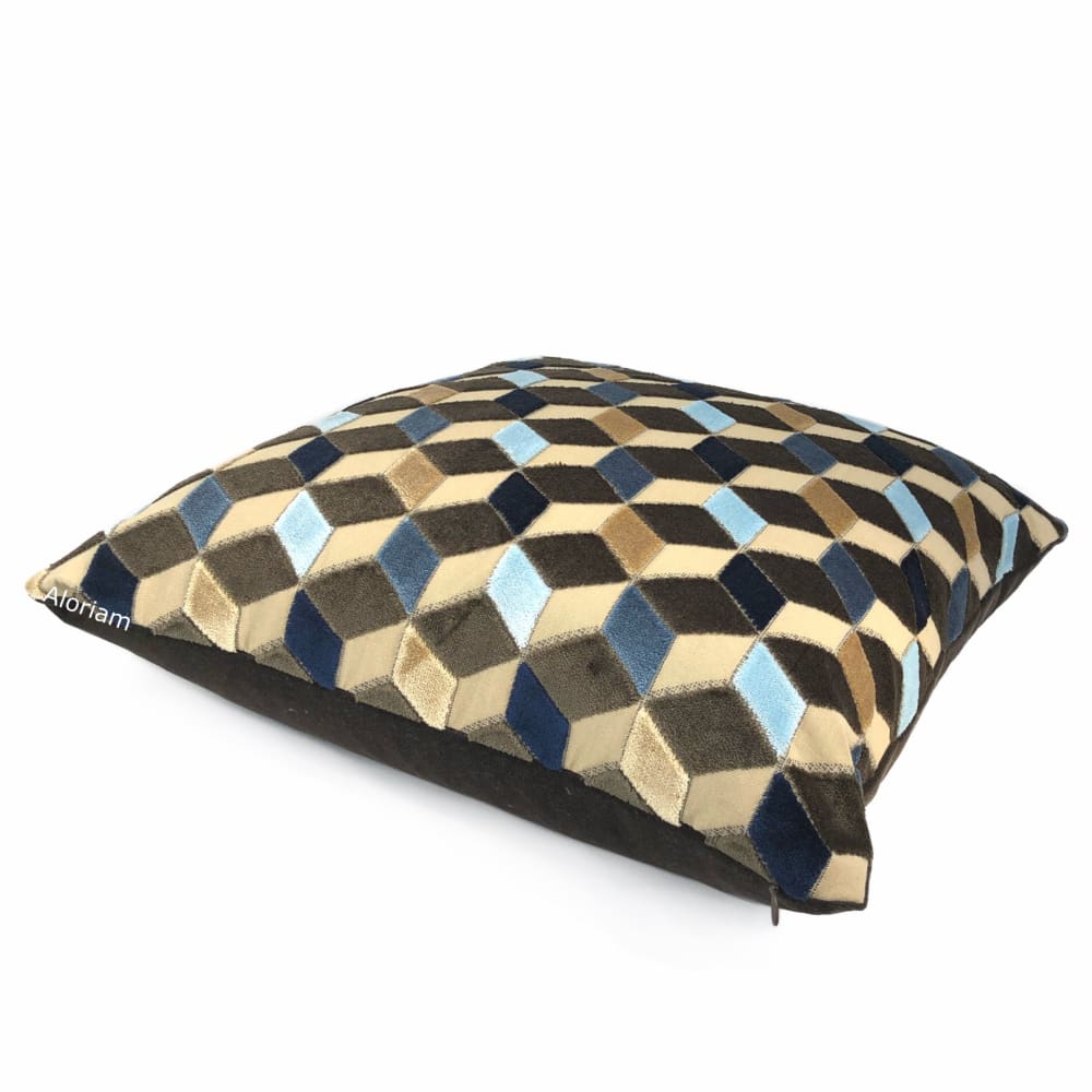 Geometric Cut Velvet Throw Pillow Covers - Brown, Blue & Beige Cubes Design for Sofa, Bed & Home Decor