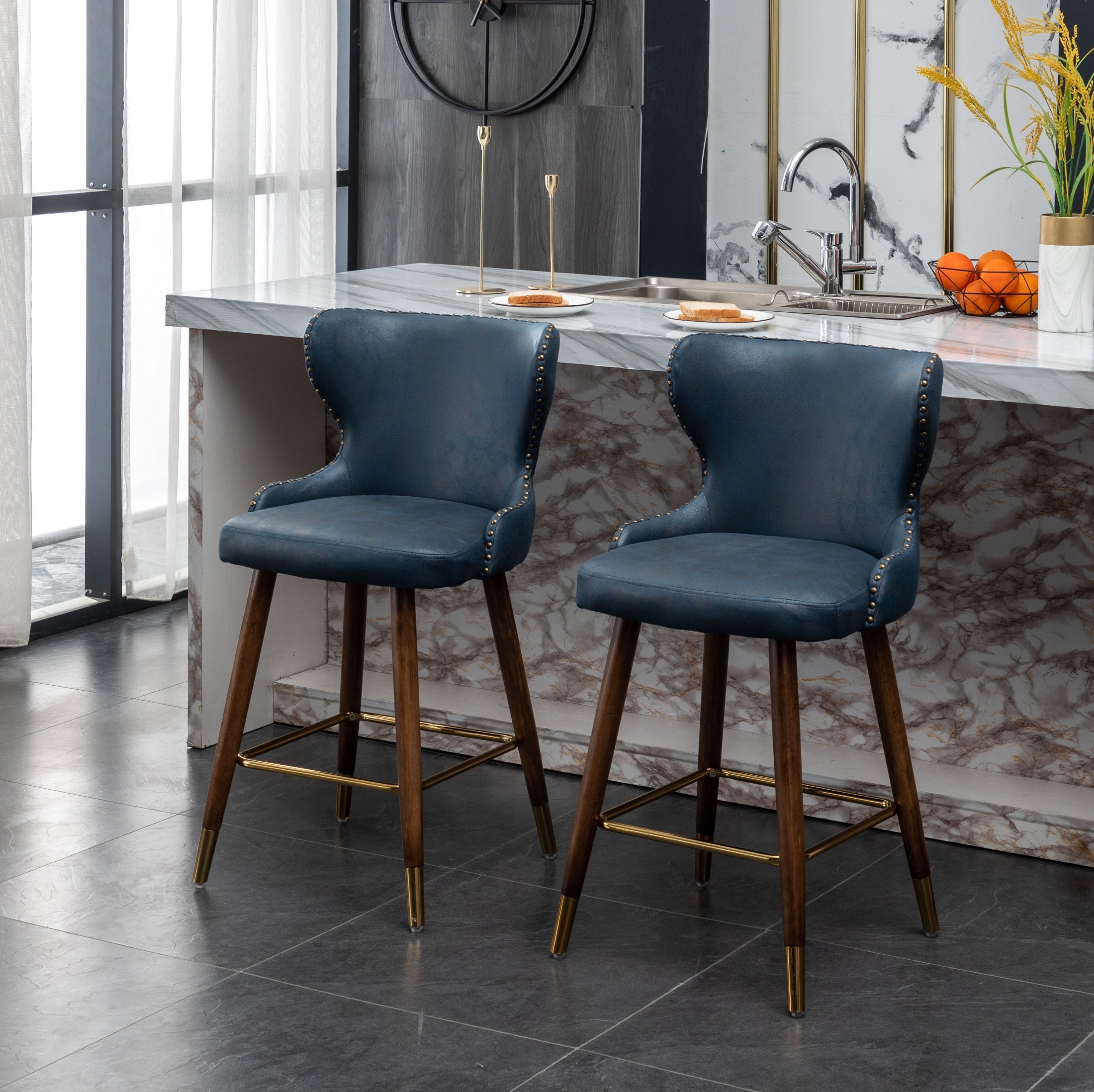 Roundhill Furniture Nevis Mid-Century Modern Faux Leather Tufted Counter Stool with Nailhead Trim - Set of 2, Blue - Perfect for Kitchen Islands, Breakfast Bars & Home Decor