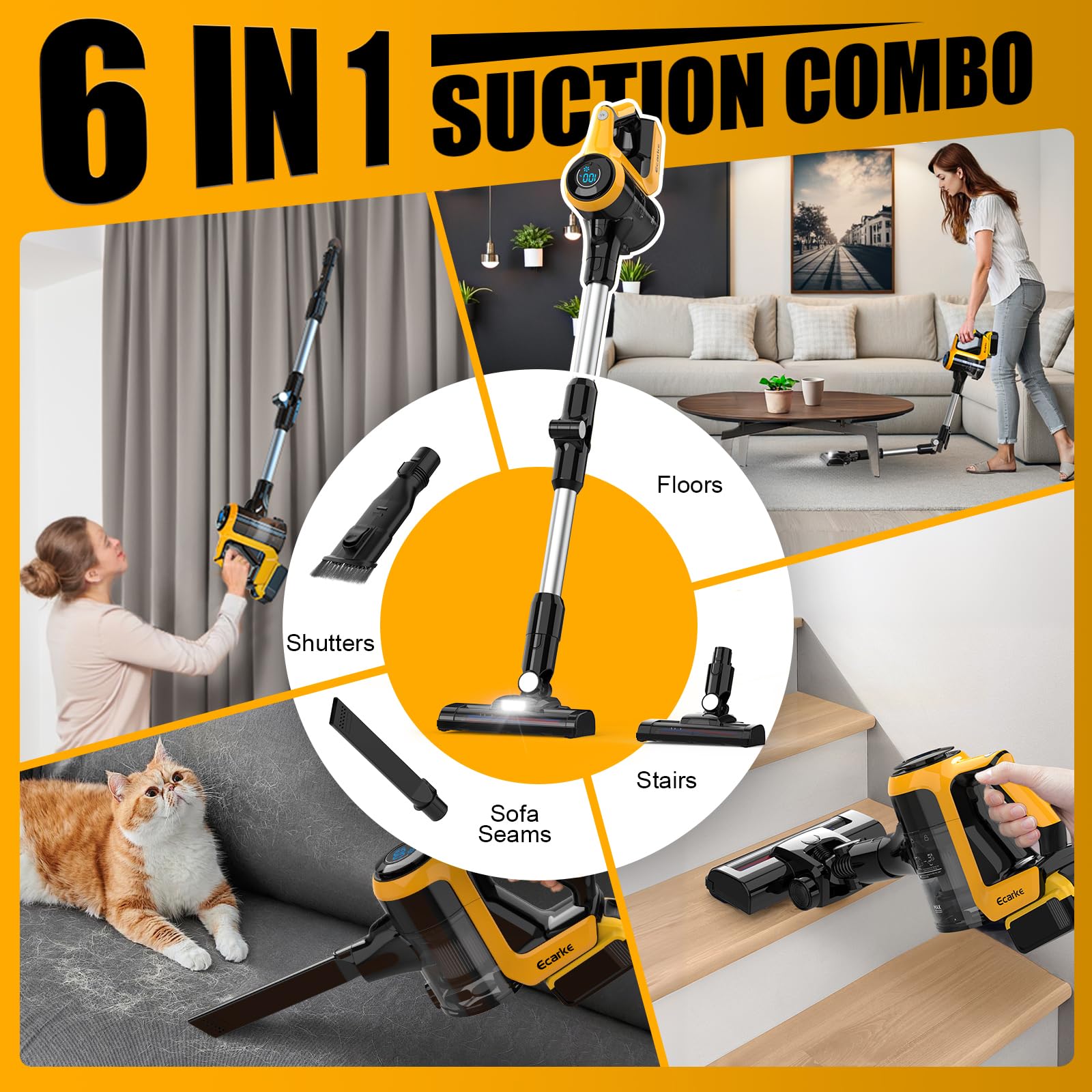 **DeWalt 20V Cordless Vacuum Cleaner - 30KPa Suction, 180° Bendable Wand, 6-in-1 Lightweight Stick Vacuum with Smart Screen & 350W Brushless Motor - Ideal for Hardwood Floors, Pet Hair, Carpet, and Car Cleaning (Battery Not Included)**