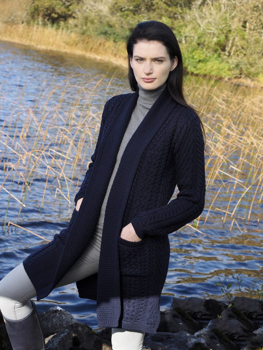 Aran Waterfall Cardigan Coat for Women - Soft Knit Open Front Long Cardigan [Beige & Gray] | Perfect for Fall Layering, Office Wear & Casual Outfits