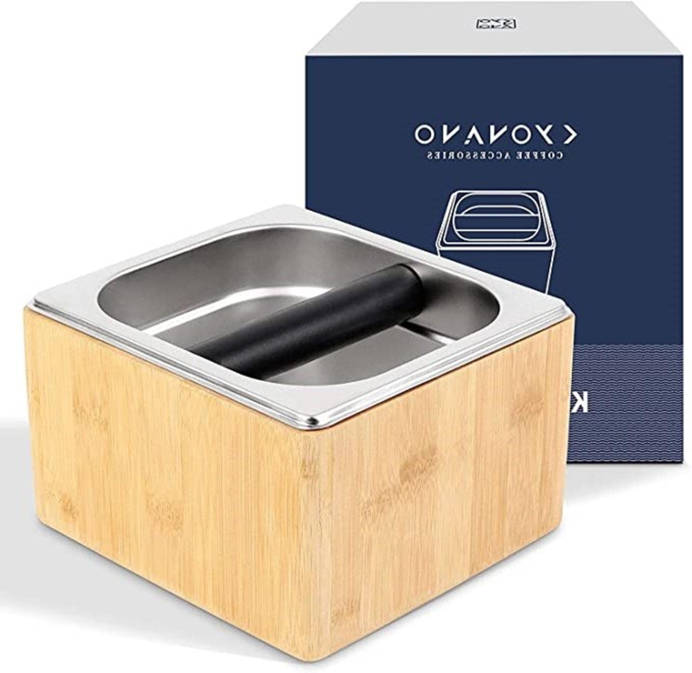 KYONANO Espresso Knock Box - Durable Bamboo & Stainless Steel Coffee Grounds Container with Non-Slip Base - Perfect for Home Baristas & Coffee Shops - Essential Espresso Accessory for Latte, Cappuccino & Americano Brewing