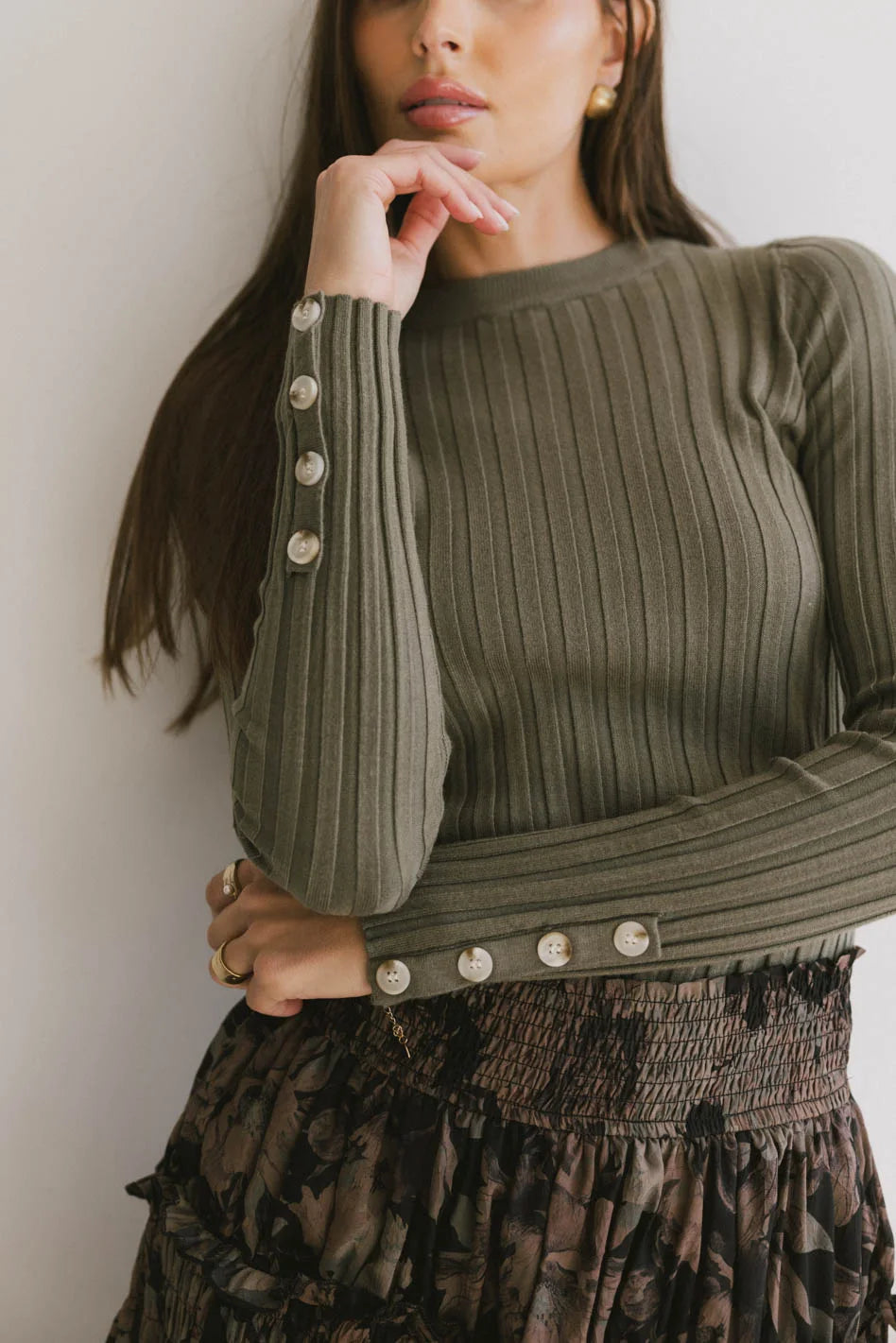 Lonnie Button Sleeve Sweater in Green | Women's Casual Knit Pullover | Perfect for Fall & Winter Layering