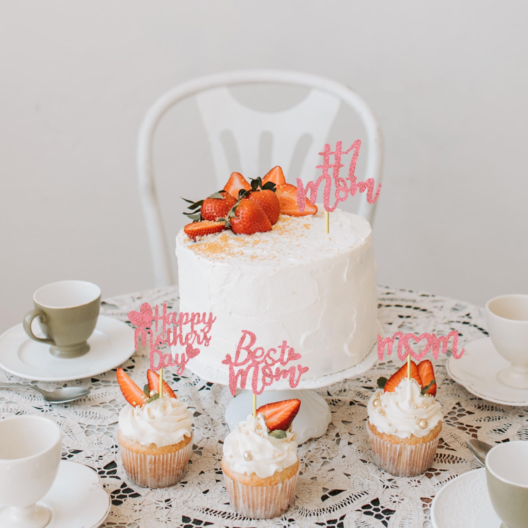 24Pcs Happy Mother's Day Cupcake Toppers - Pink Glitter Cake Decorations for Mother's Birthday Party, Baby Shower & Wedding Celebrations